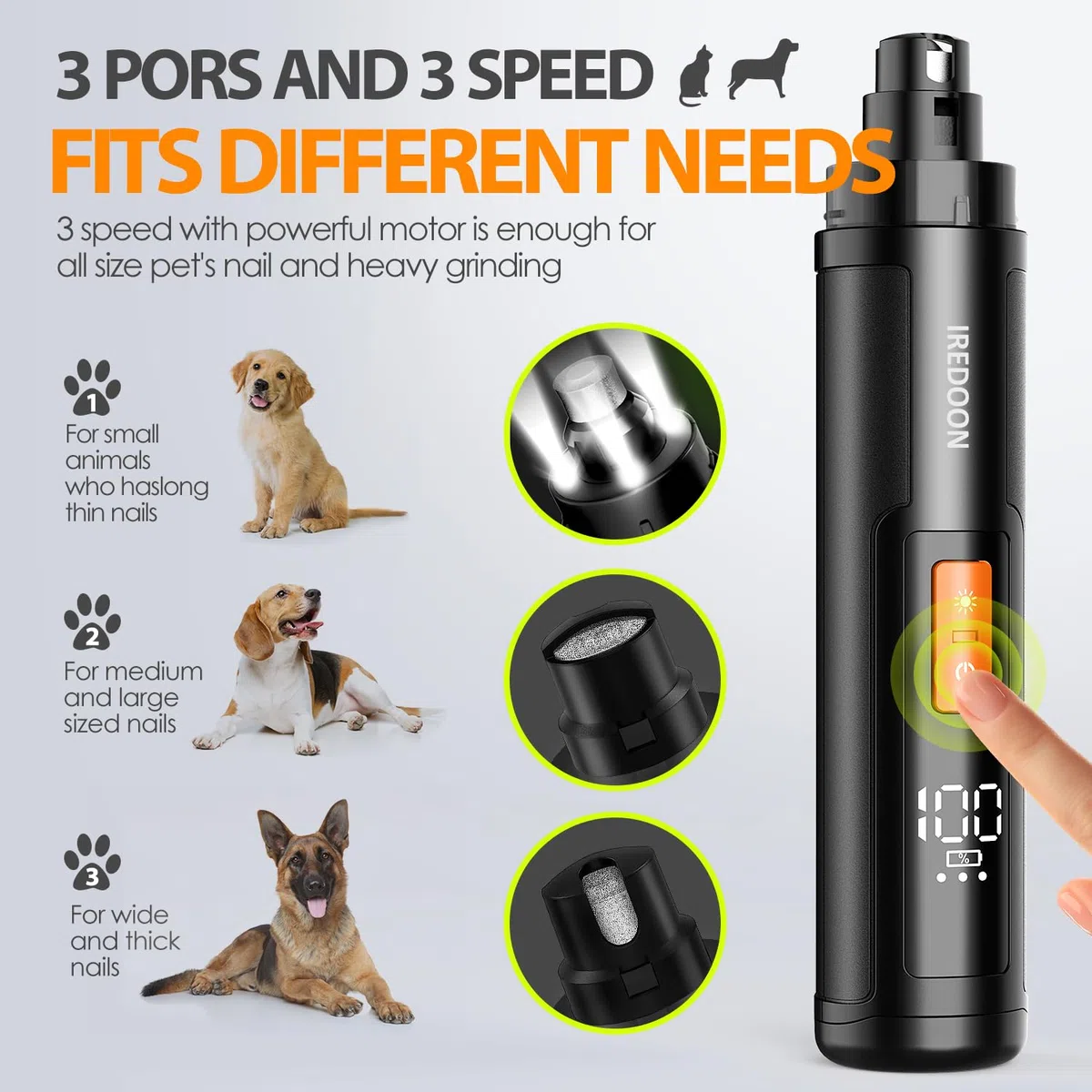 IREDOON Lime à Ongles Chien, Coupe-Ongles électrique Rechargeable Professionnel à 3 Vitesses pour Animaux de Compagnie avec 4 lumières LED, Silencieux (40DB) avec Capuchon Anti-poussière (Noir)