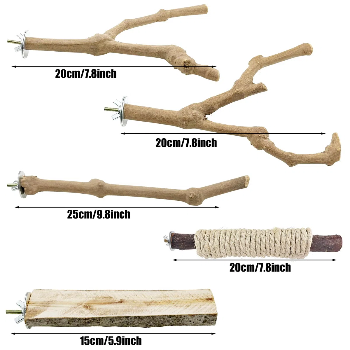 Lot de 6 perchoirs à oiseaux en bois naturel debout et suspendu, corde inclus, accessoires de cage pour petites perruches, calopsittes, conures