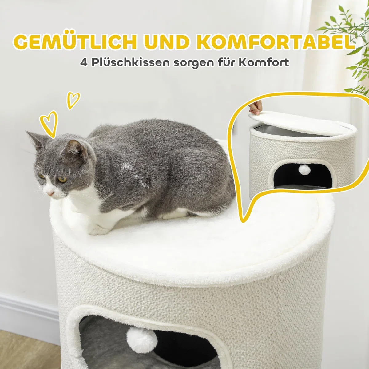 PawHut Tonneau à griffer, 100 cm de Haut Tonneau à Chat avec 3 cavités, Arbre à Chat avec balles de Jeu, Tour pour Chats en sisal, pour Chat jusqu'à 6 kg, Beige+CrèmeBlanc