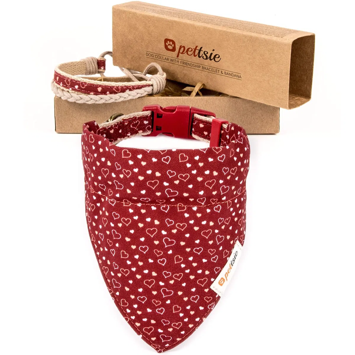 Pettsie Bandana pour Chien avec Collier et Bracelet d'amitié, Tailles réglables S, M et L, Foulard Bandana Amovible, Coffret Cadeau Inclus, pour Les Amoureux des Chiens, S, Rouge