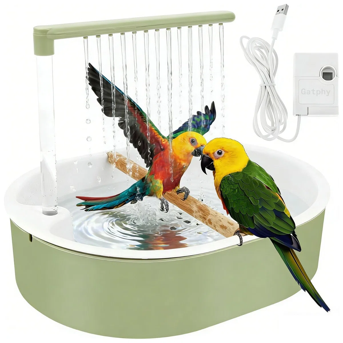 Bain d'oiseaux 32 x 26 cm pour perruches en polypropylène Vert Style frais Circulation automatique de l'eau de pluie Douche d'oiseaux avec 26 sorties d'eau pour