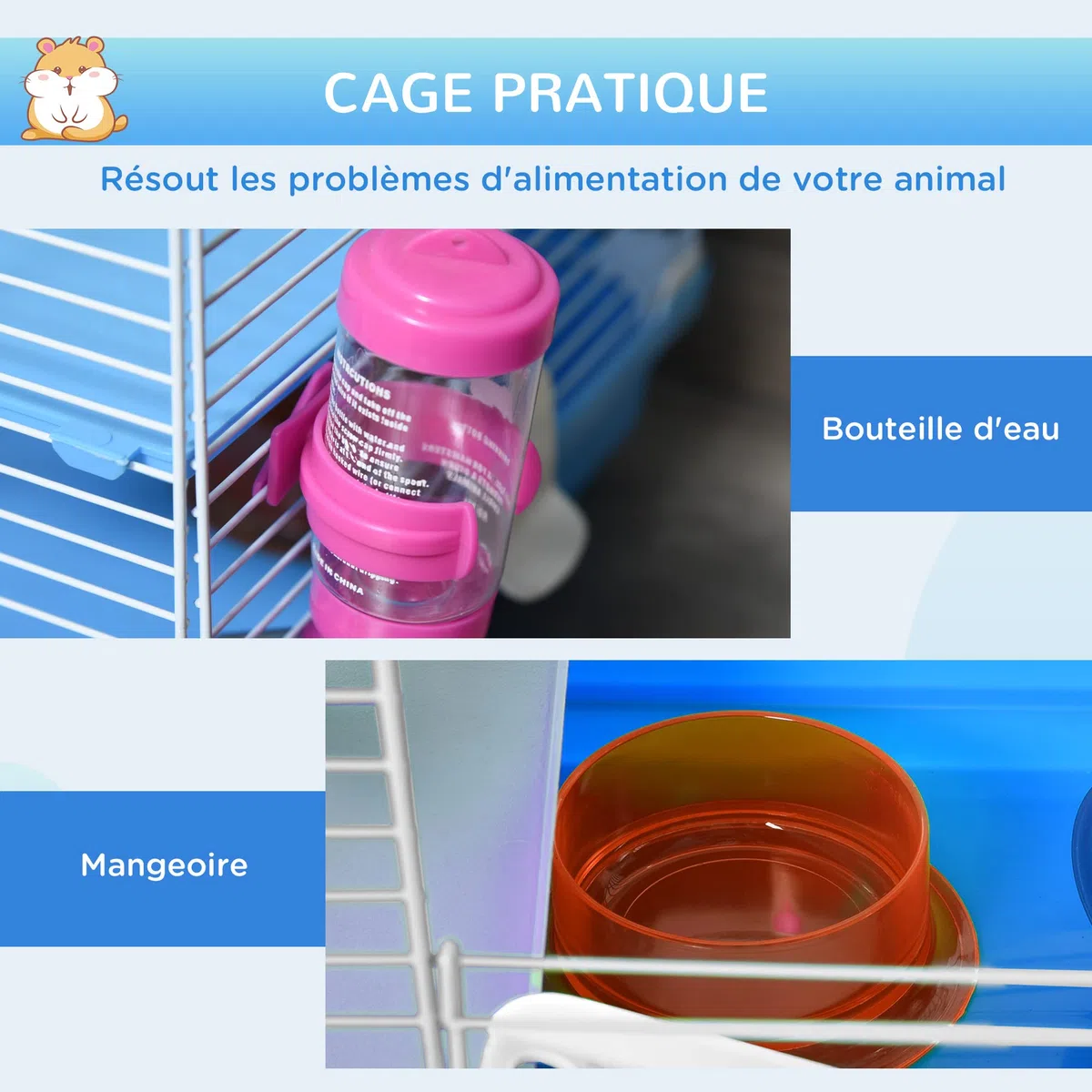PawHut Cage pour Rongeur Hamster 2 Niveaux avec Tunnel, Bouteille d'eau, Roues, Maison, échelle dim. 46L x 30l x 37H cm