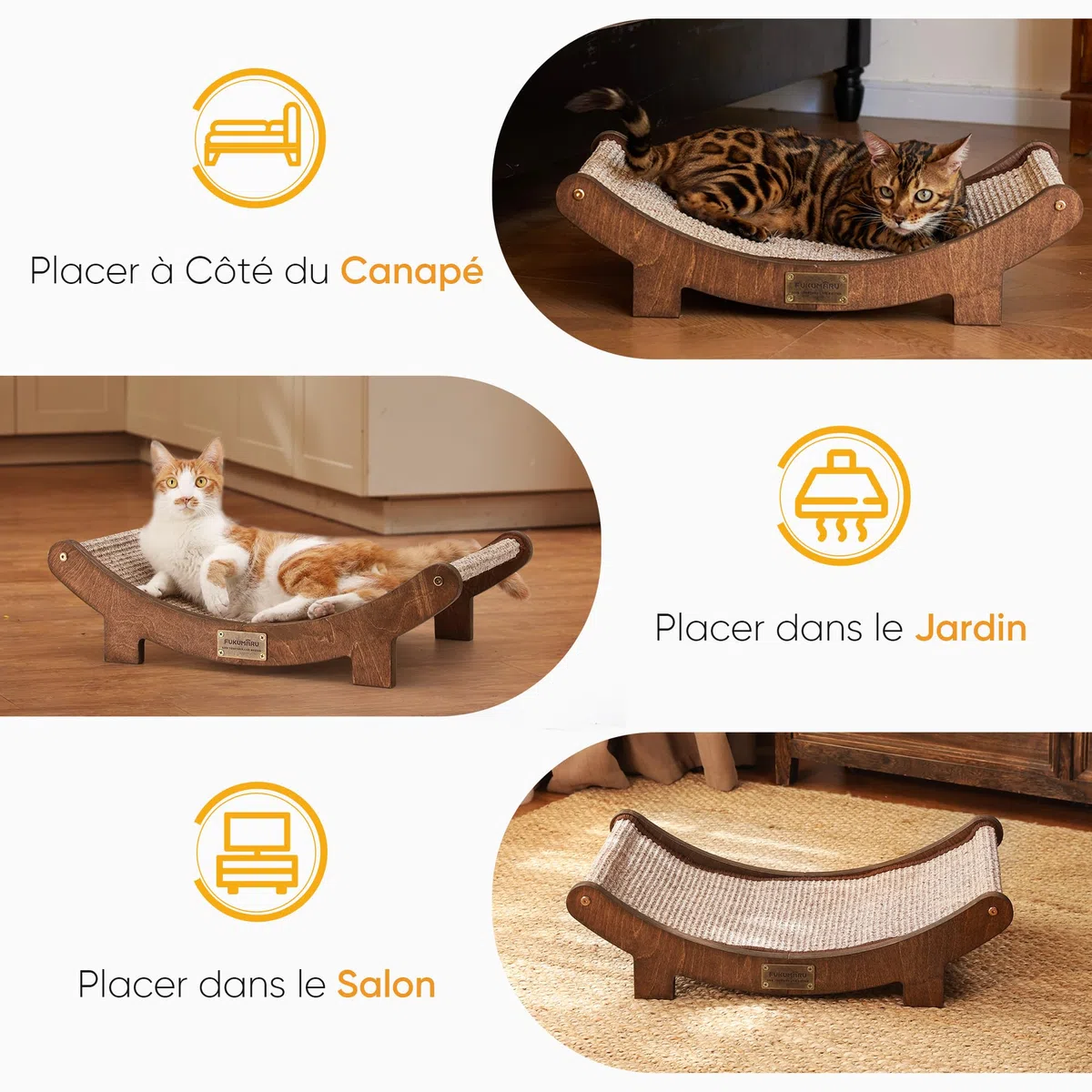 FUKUMARU Griffoir pour Chat, 60 cm Lit de Grattoir Durable d'Intérieur, Grand Coussin à Griffes, Hamac en Sisal Naturel, Chaise Longue avec Cadre en Bois Massif pour Dormir et Gratter, Marron