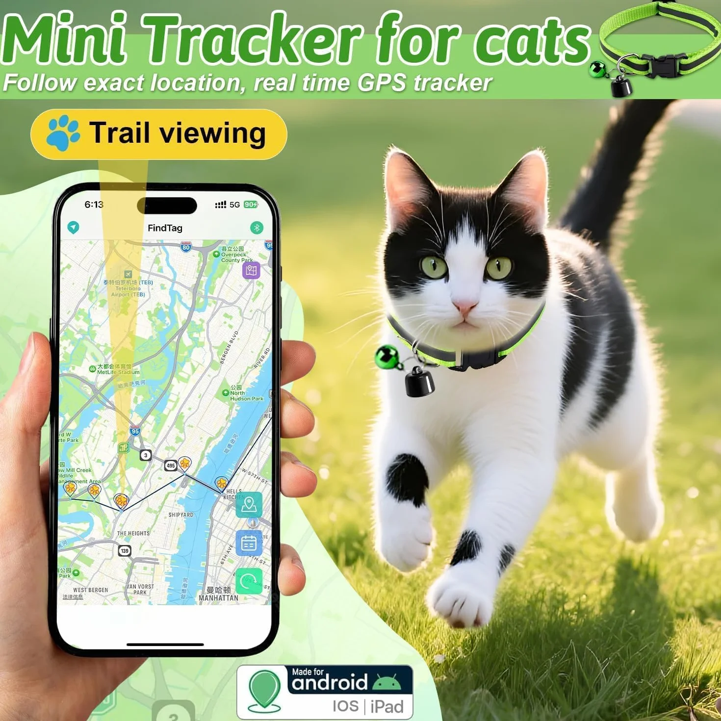 Traqueur de chien et chat avec colliers, traqueur intelligent pour chats sans frais mensuels, pas de SIM nécessaire, compatible avec iOS/Android, dispositif de suivi mondial pour tous les chats et