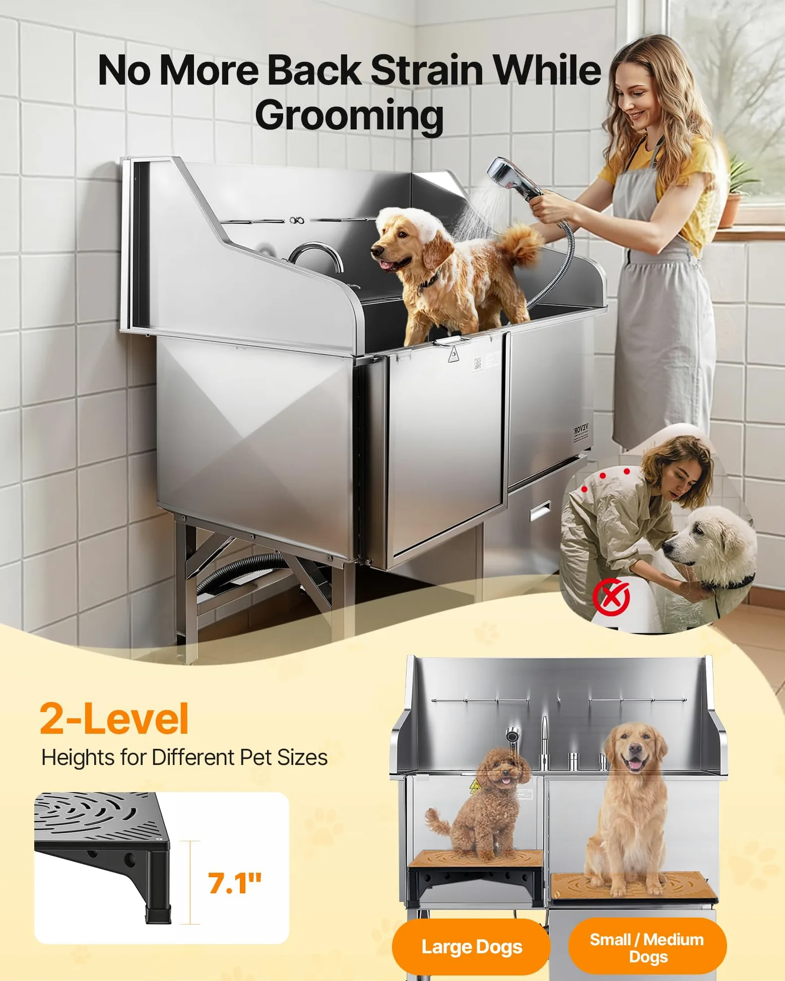 VEVOR Baignoire de Chien Acier Inoxydable, Baignoire de Toilettage pour Animaux de Compagnie 127,5 cm Station de Lavage Chat, avec Rampe, Panneau Filtre à Eau, Robinet, Pommeau de Douche, Porte Gauche
