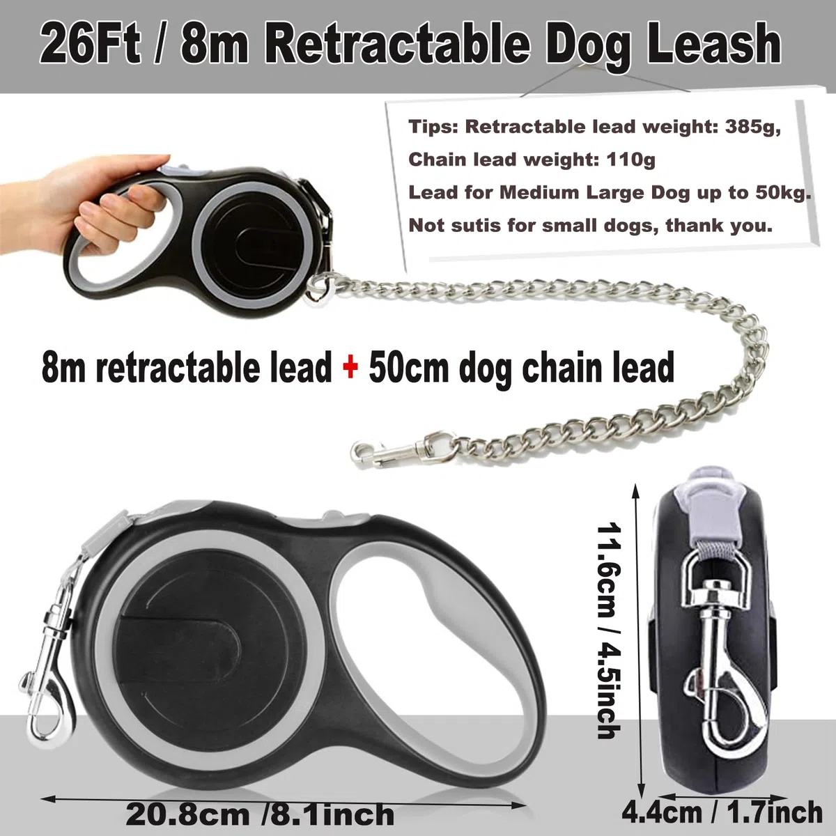Laisse rétractable en Nylon avec chaîne Anti-Mastication, très résistante pour Chiens de Taille Moyenne et Grande 8 m, Gris