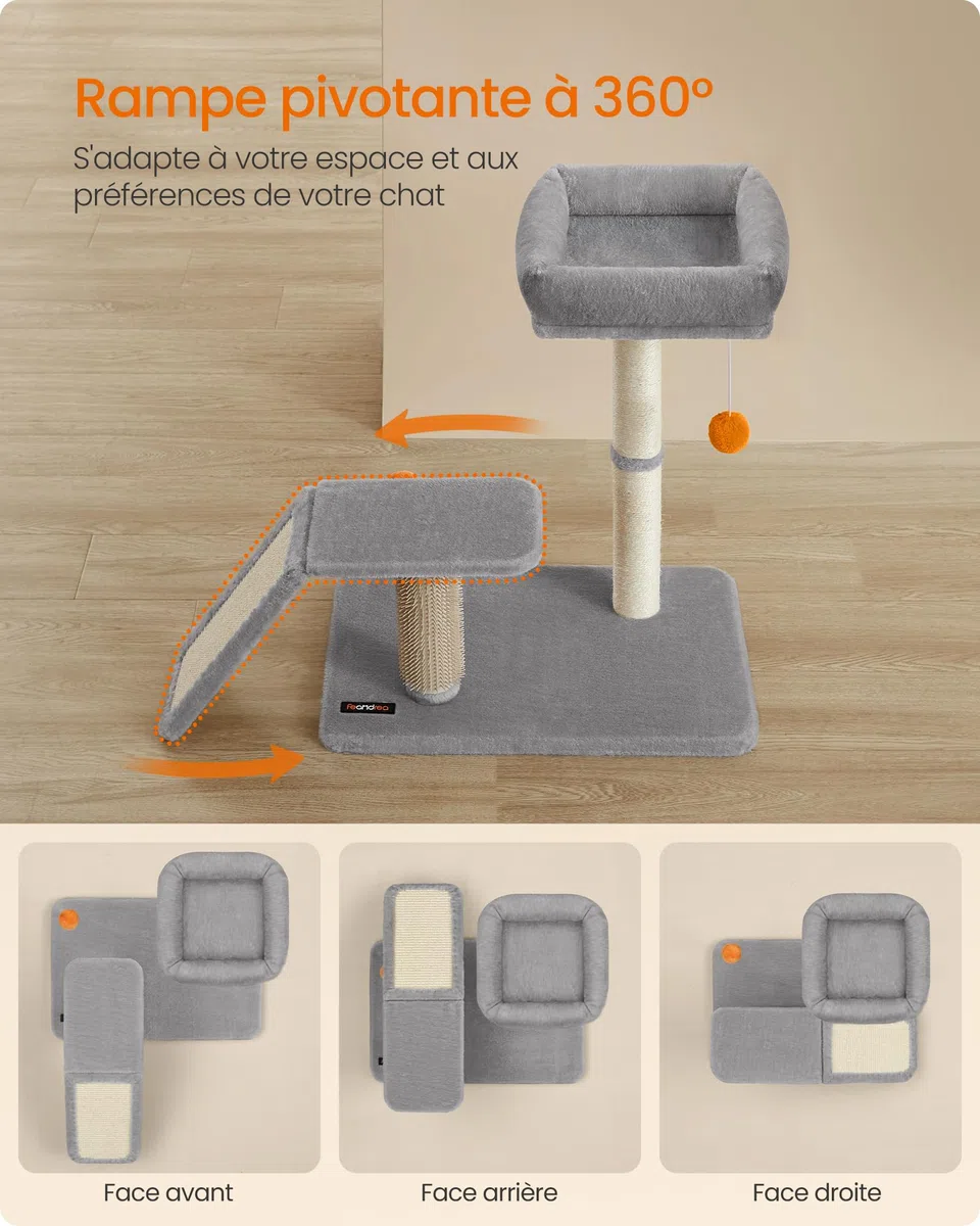 Feandrea Griffoir pour Chat avec Lit, Griffoir Multifonctionnel avec Rampe de Grattage Pivotante, Perchoir, Toilettage Autonome, Pompons, Petit Arbre à Chat, Gris Clair PCA024G01