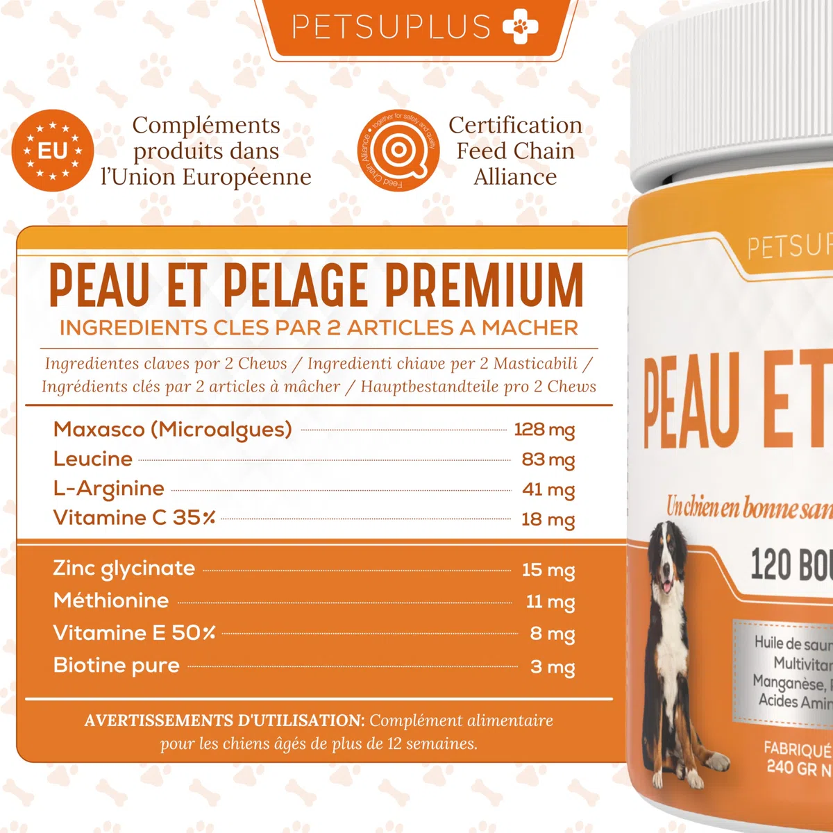 Peau et Pelage - Complement Alimentaire Chien avec Omega 3 et Huile de Saumon pour Chien. Contre Démangeaisons, Peau sèche, Irritations, Perte de Poils et l'Irritabilité - 120 Bouchées