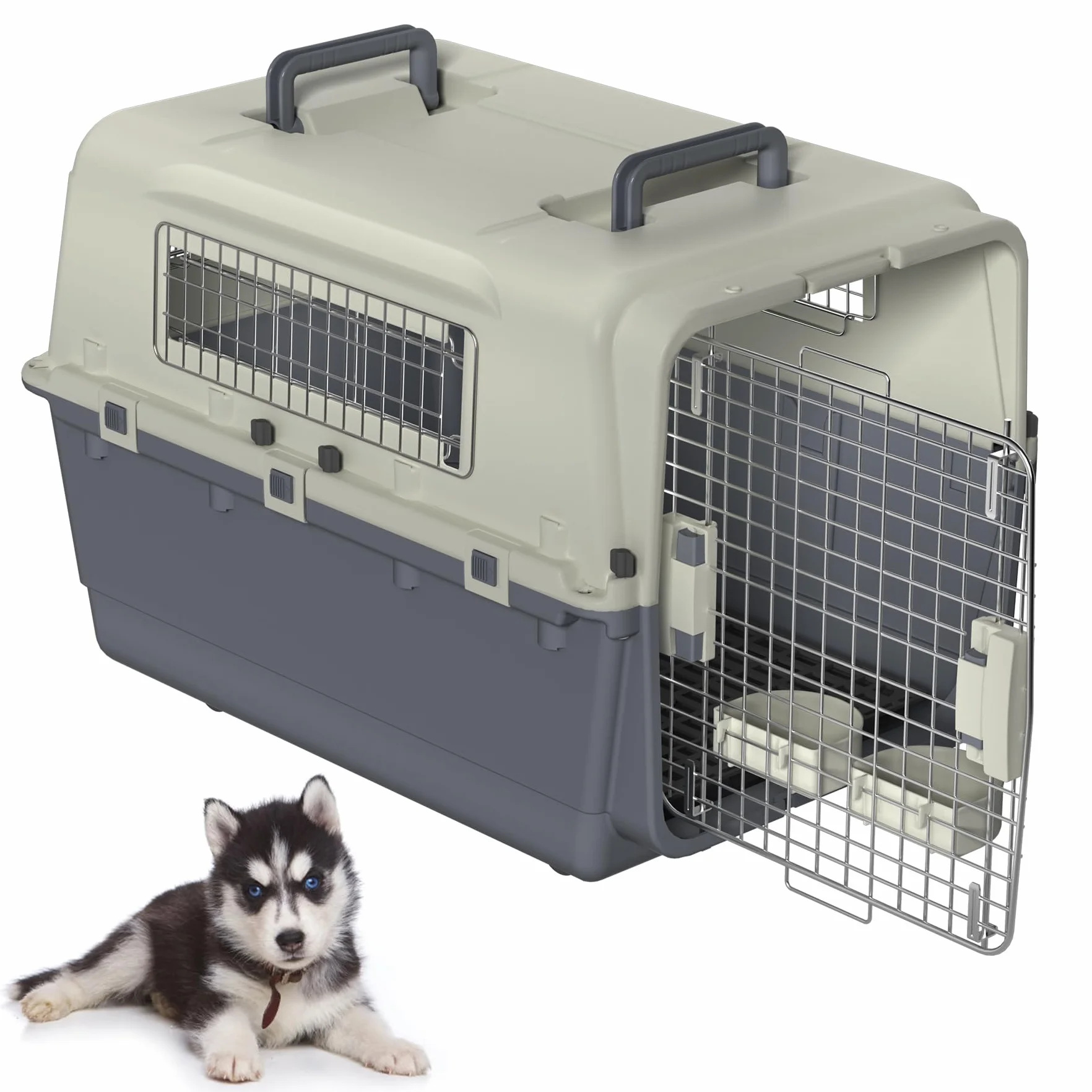 Froadp Boîte de transport pour animaux de compagnie, chien, chat, en plastique PP, 80 x 57 x 70 cm, avec roulettes, espaceurs d'urine et gamelles suspendues