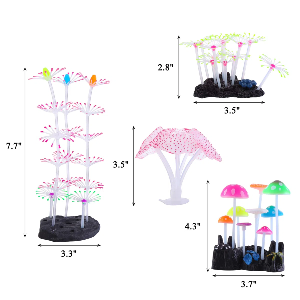Mangsen Lot de 4 décorations d'aquarium phosphorescentes en Silicone pour décoration d'aquarium - Récif de Corail - Champignon et anémone