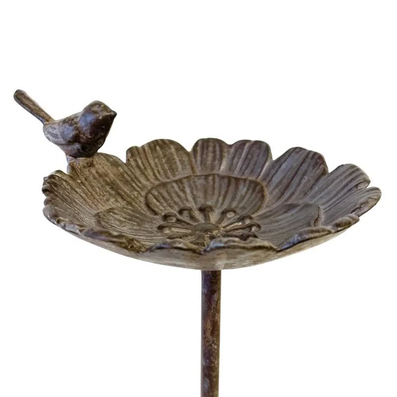 Bain Oiseau Fleur Coupelle à Oiseau Bénitier sur Pic Fonte et Acier Patiné Marron Tuteur 14,5x17,5x87cm
