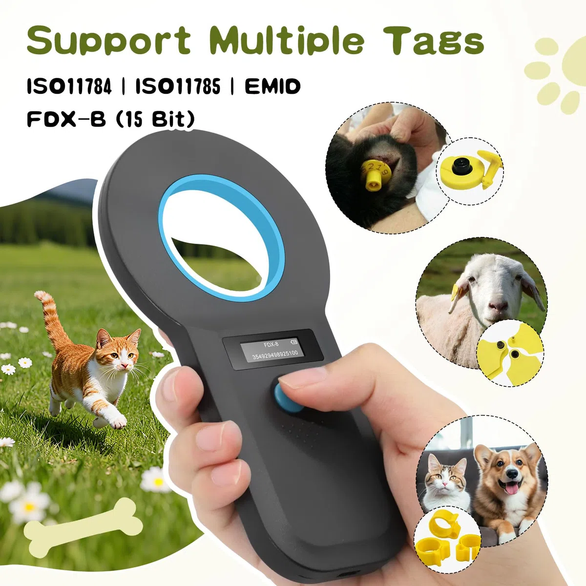 Lecteur d'identification pour animaux de compagnie, lecteur de puce Bluetooth pour animaux, lecteur de puce RFID 134,2 kHz 125 kHz avec écran OLED lumineux, capacité de stockage de 128 étiquettes