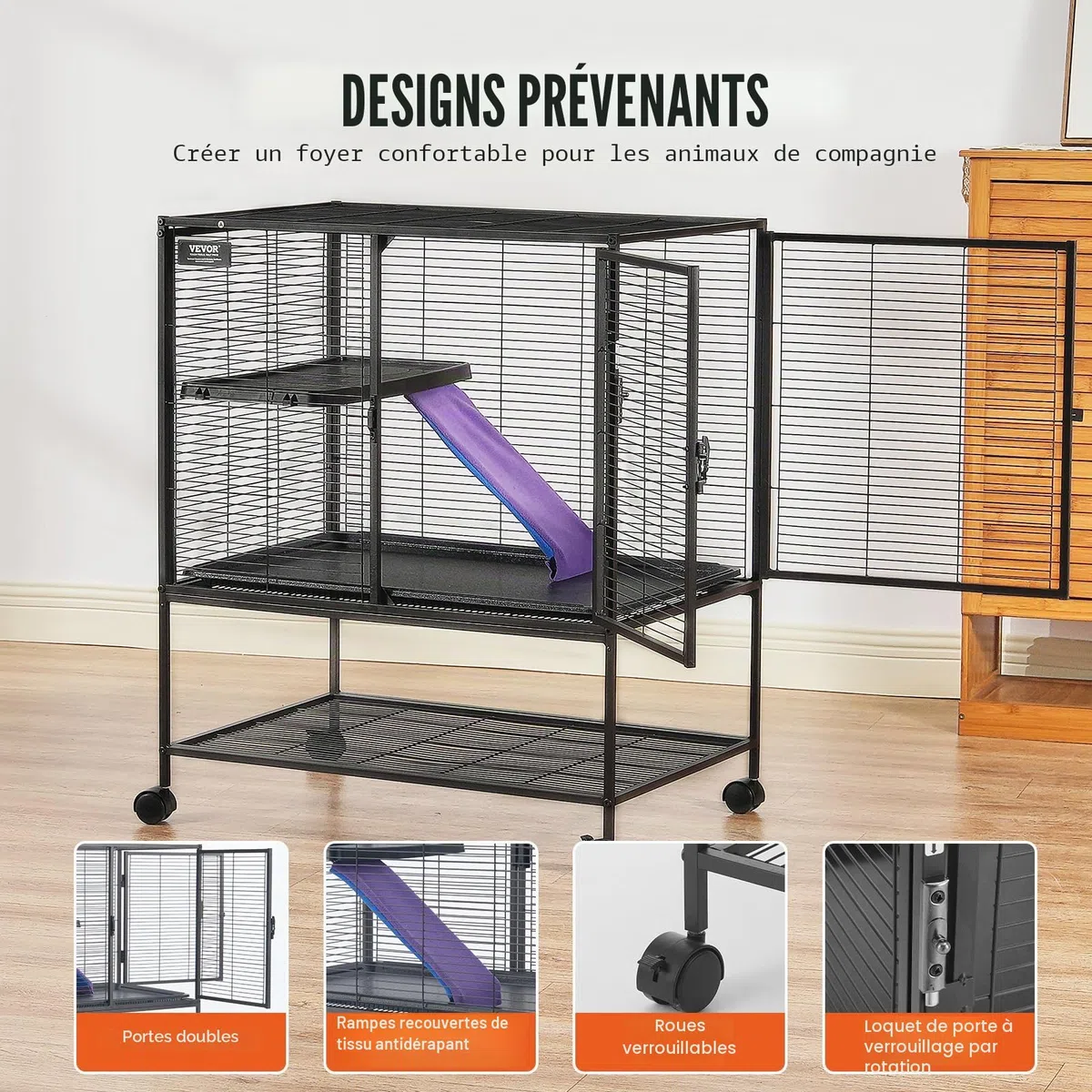 VEVOR Cage à Furet en métal roulante 865 mm, Grande Cage pour Petits Animaux à 2 Niveaux avec Rampe et Plateau, pour Rats de Compagnie, Hamster, Cochon d'Inde, Chinchilla, écureuil, hérisson, Lapin