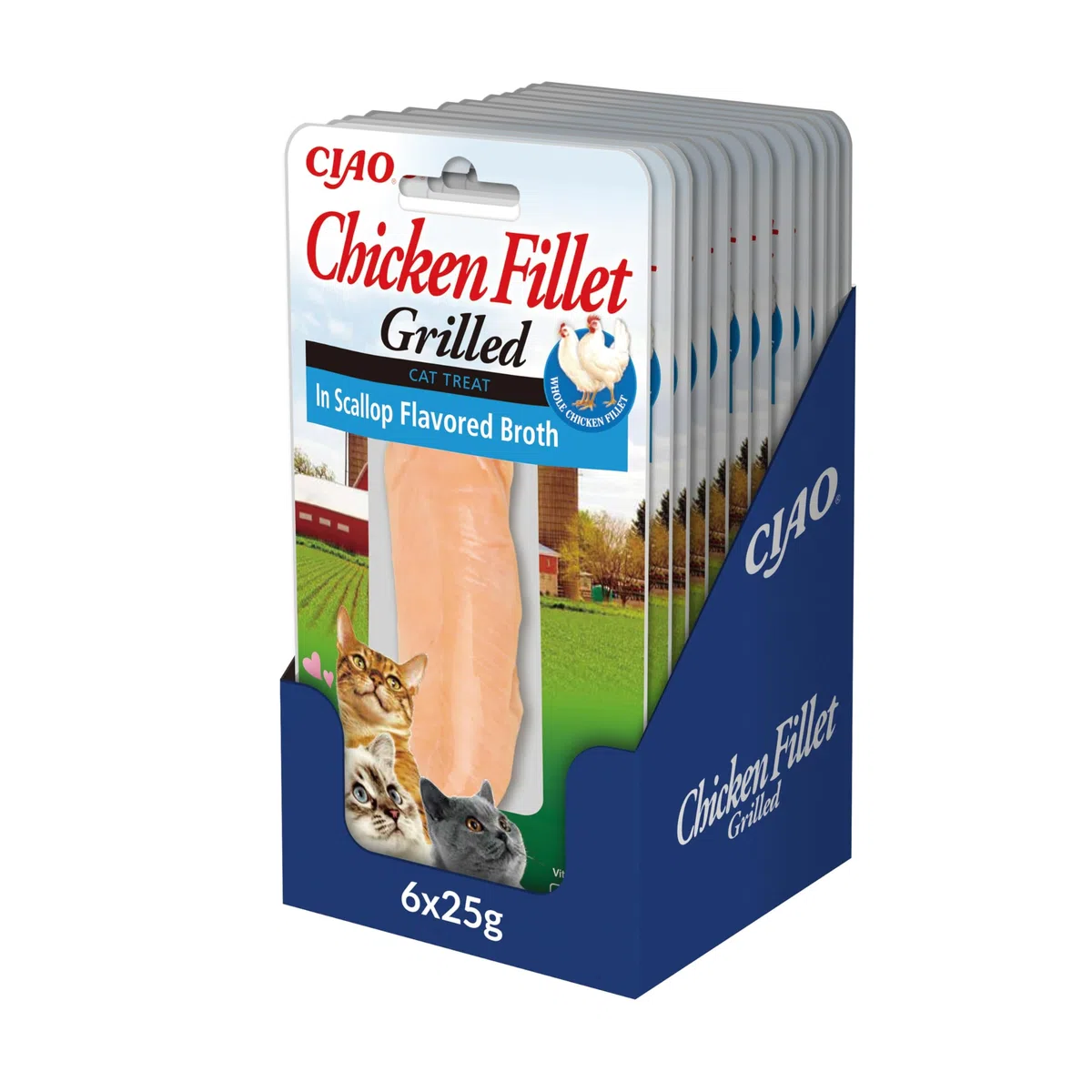 INABA Chicken Fillet Grilled - Friandises pour Chats en Filet de Poulet - Bouillon Aromatisé au Pétoncle - Snack Grillé et Riche en Antioxydants - Nourriture pour Chats - 12 Filets de 25g