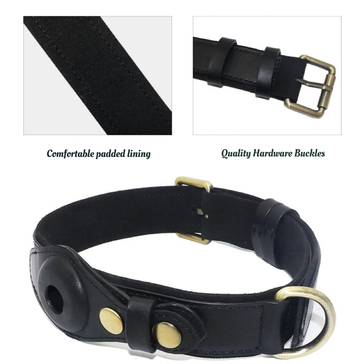 Collier pour Chien airtag Collier pour Chien en Cuir avec Rembourrage Doux Réglable pour éviter la Perte du Collier pour Petits Moyens et Grands Chiens(Noir,L)