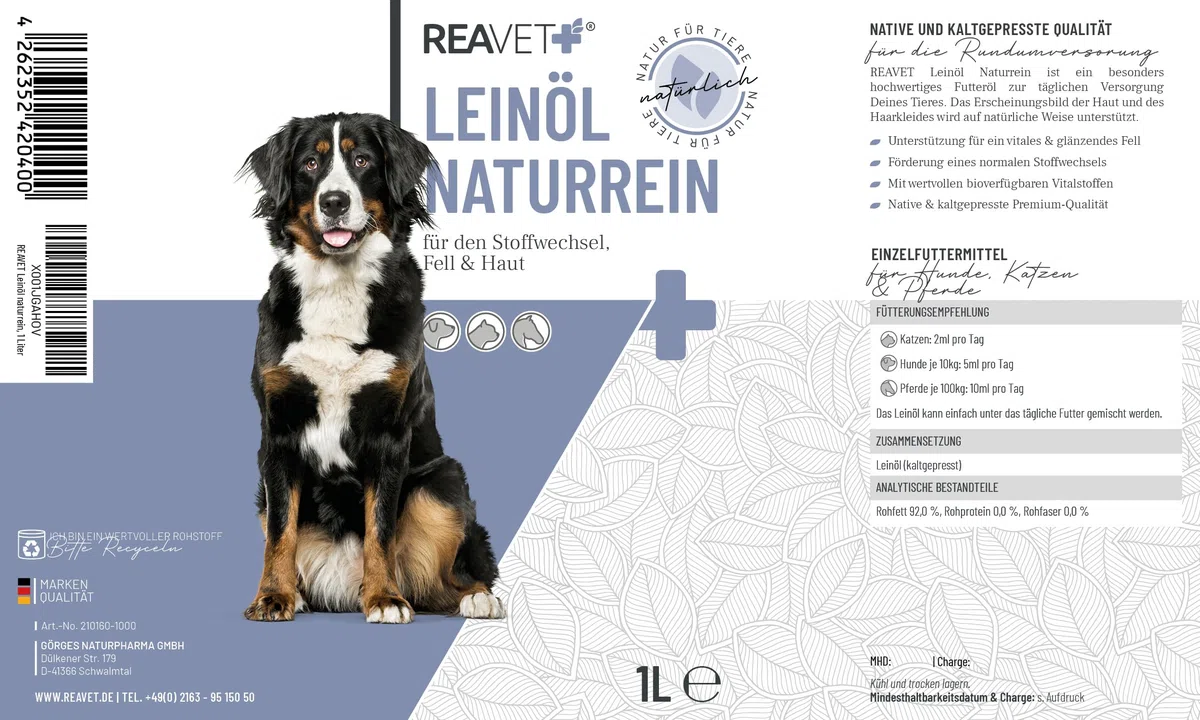 ReaVET Huile de lin pour chevaux et chiens,1 l,pressée à froid,Pure naturelle de qualité supérieure,Soutient la peau et le pelage + métabolisme,Huile de lin pour chien et chat,Sans additifs