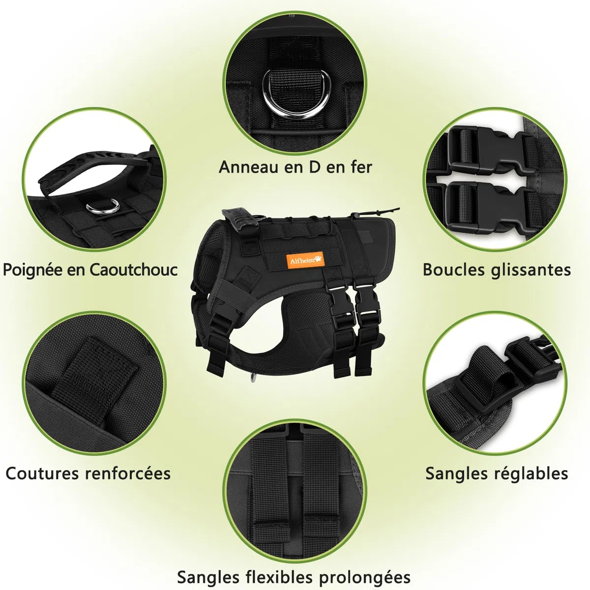 Alfheim Harnais Tactique pour Chiens avec Poignée pour Chiens de Taille Moyenne - Harnais Réglable sans Traction, Gilet Imperméable Léger Rembourré pour l'entraînement et la Marche Quotidienne