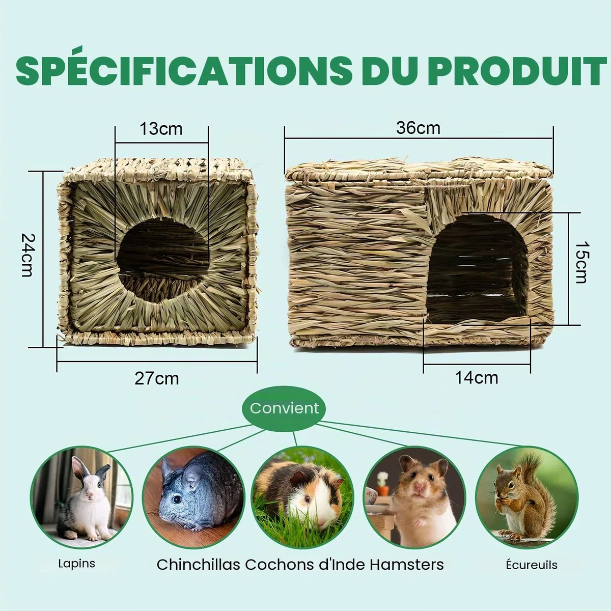 HYLYUN Très Grande Maison Foin Lapin Naturellement Séchée Maison d'herbe Tissée Pliable pour Lapin, Cochon d'Inde, Chinchilla, Furet Jouer et Dormir