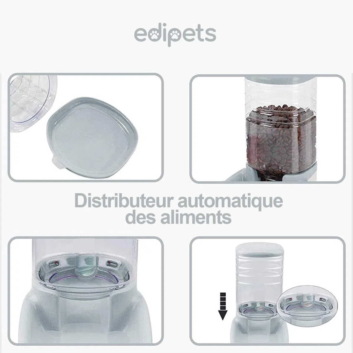 Edipets, Distributeur Croquettes Chat, Chien, Automatique, 2 Unités, 3.8 L, Gamelle à Nourriture et à Eau pour Animaux de Compagnie (Gris)