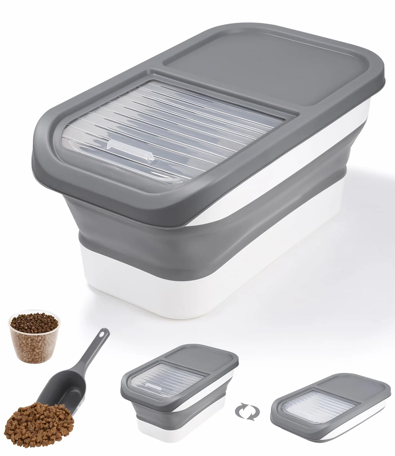 Zawaer Conteneur Croquette Nourriture pour Chien Chat 5KG, Boite à Croquettes Chien Seau de Stockage Pliable Container avec Cuillère Tasse à Mesurer pour Nourriture et Friandises Animaux.(gris)