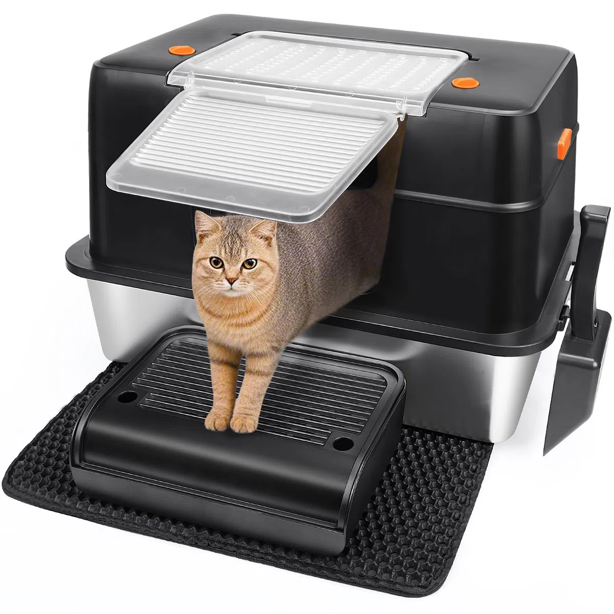 Vivifying Litière pour Chat en Acier Inoxydable avec Couvercle, Taille XL, Facile à Nettoyer et résistante aux odeurs, en Acier Inoxydable, avec pédales, Pelle et Tapis(Noir)