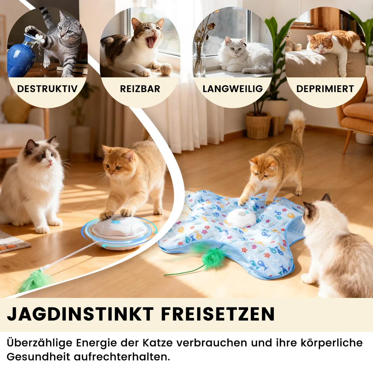 FIVAVA Jouet Chat Interactif,Jouet pour Chat Rechargeable et Silencieux,Jeux pour Chat de Chasse avec 3 Plumes Remplaçables