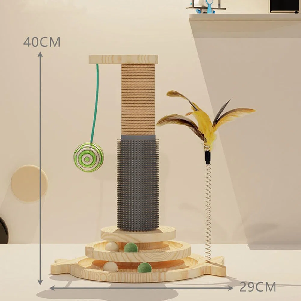 Marchul 5 en 1, Griffoir pour Chat avec Boule Suspendue, Jouet de Piste en Bois avec Plume à Ressort, Jouet d'intérieur interactif