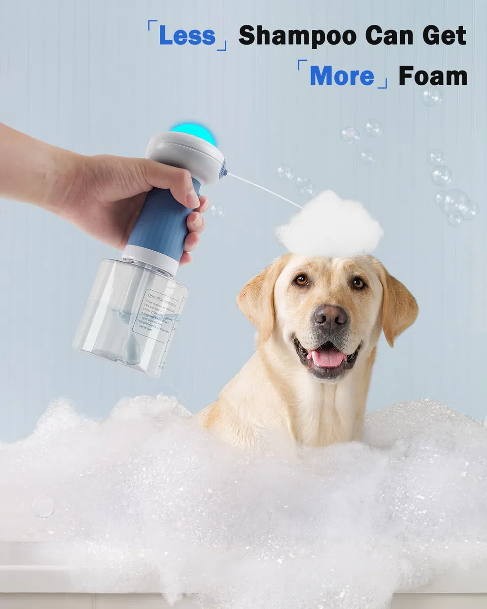 Pulvérisateur de shampooing électrique pour chien et chat, pulvérisateur de bain automatique avec brosse, distributeur pour chiens et chats (bleu)