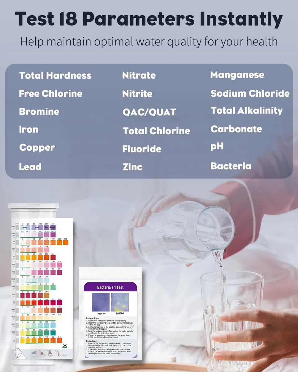 Pawfly Kit de Test Eau Potable 18 en 1 pour Robinet puits Piscine Aquarium Spa Test qualité Eau Maison pH dureté Chlore Plomb Fer cuivre Nitrate fluorure et Plus 125 bandelettes