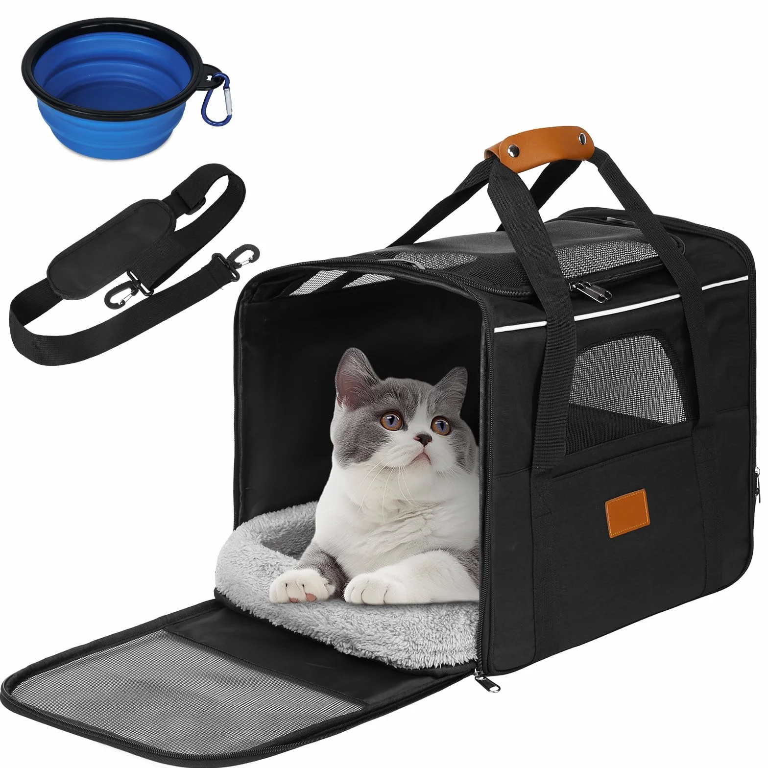 Sac Transport Chat Chien,Cage de Transport XL Anthracit,Respirant et Pliable,Bandoulière Réglable,Sac Voyage Chat avec Matelas en Peluche Amovible + Bol,Approuvé par Les Compagnies Aériennes