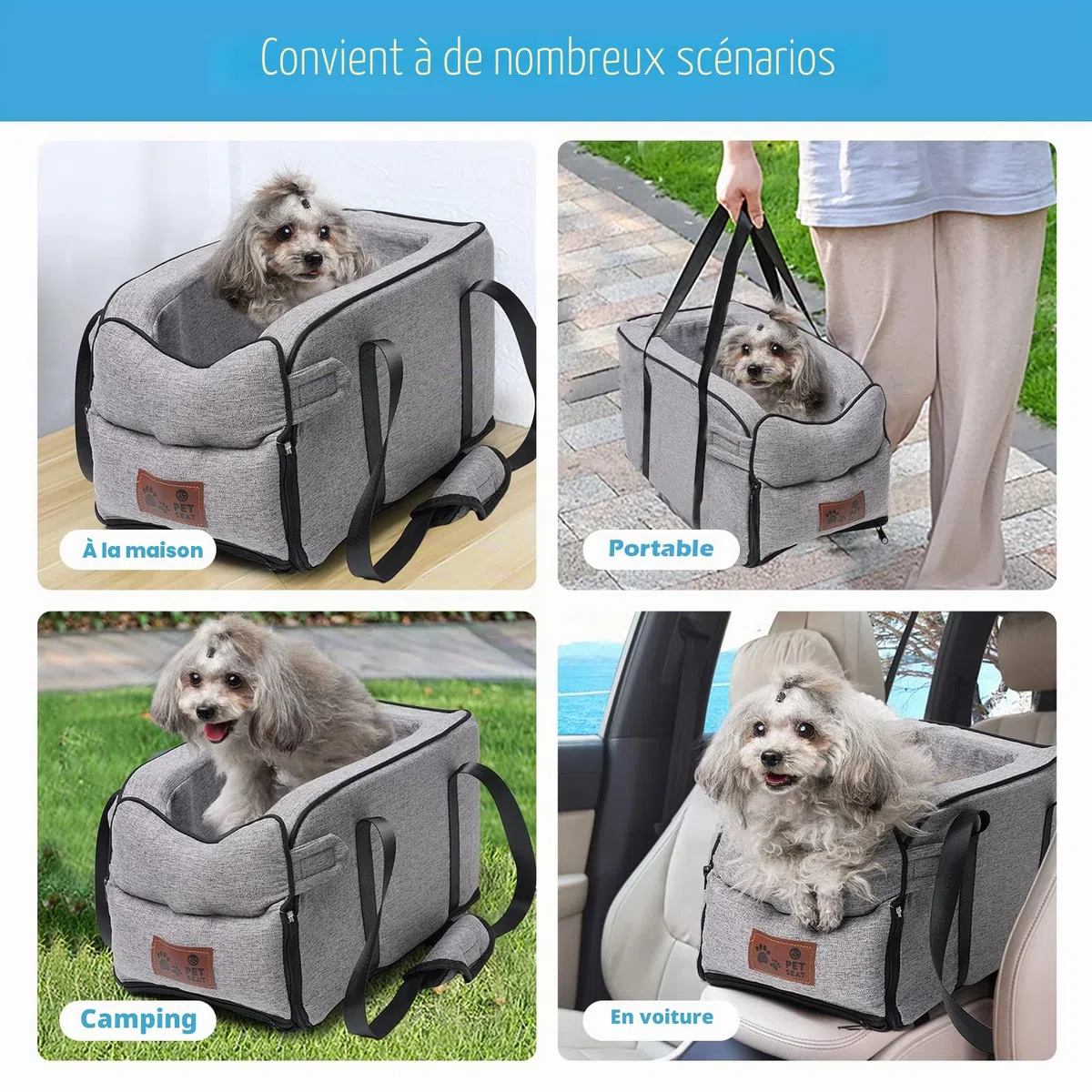 Siège de voiture pour chiens de petite taille, siège rehausseur de voiture amovible et lavable pour petits animaux jusqu'à 6.1 kg, console centrale, chiens et chats, maison, voyage (gris)