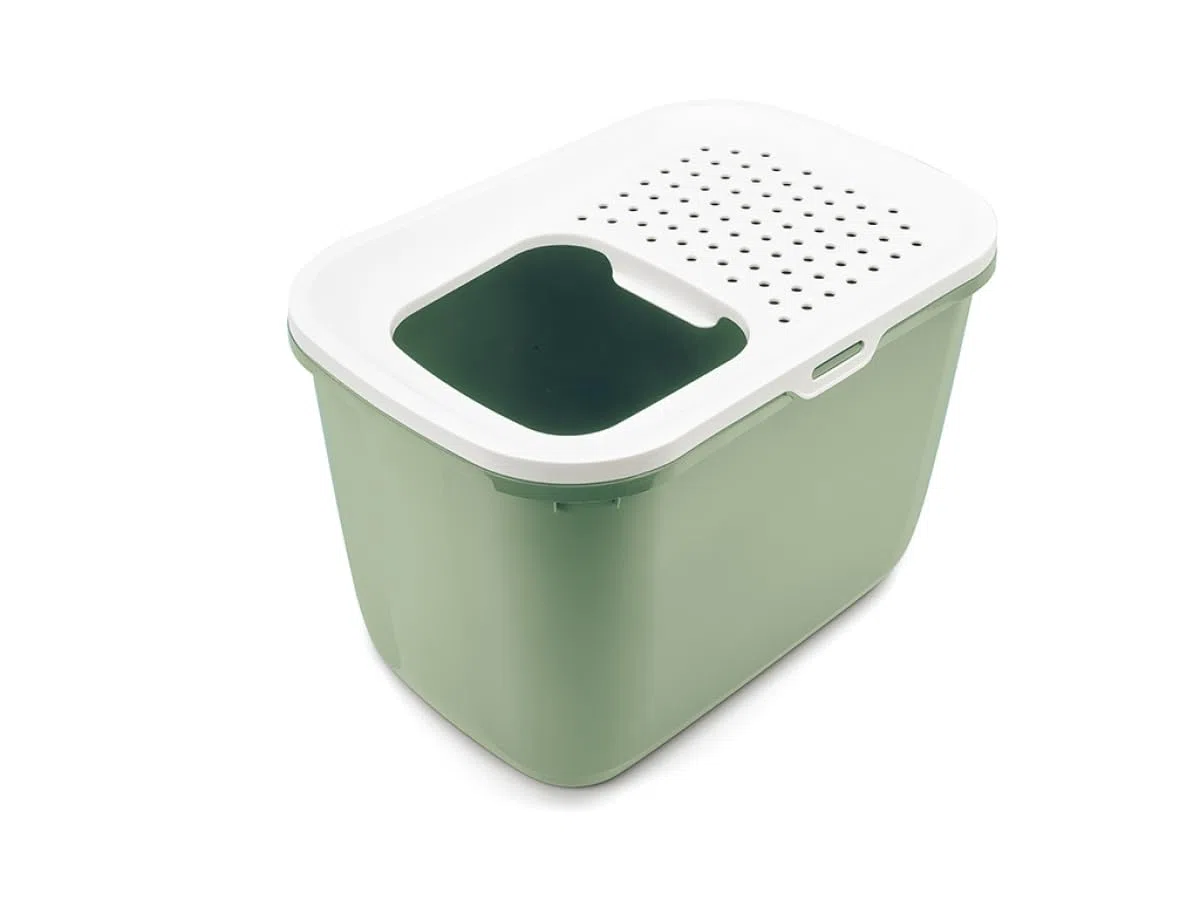 bac litiere pour Chat - Hop in Botanical Green - entrée par Le Haut - Couvercle perforé - côtés Hauts Anti-Projections - 58,5 x 39 x 39,5 cm