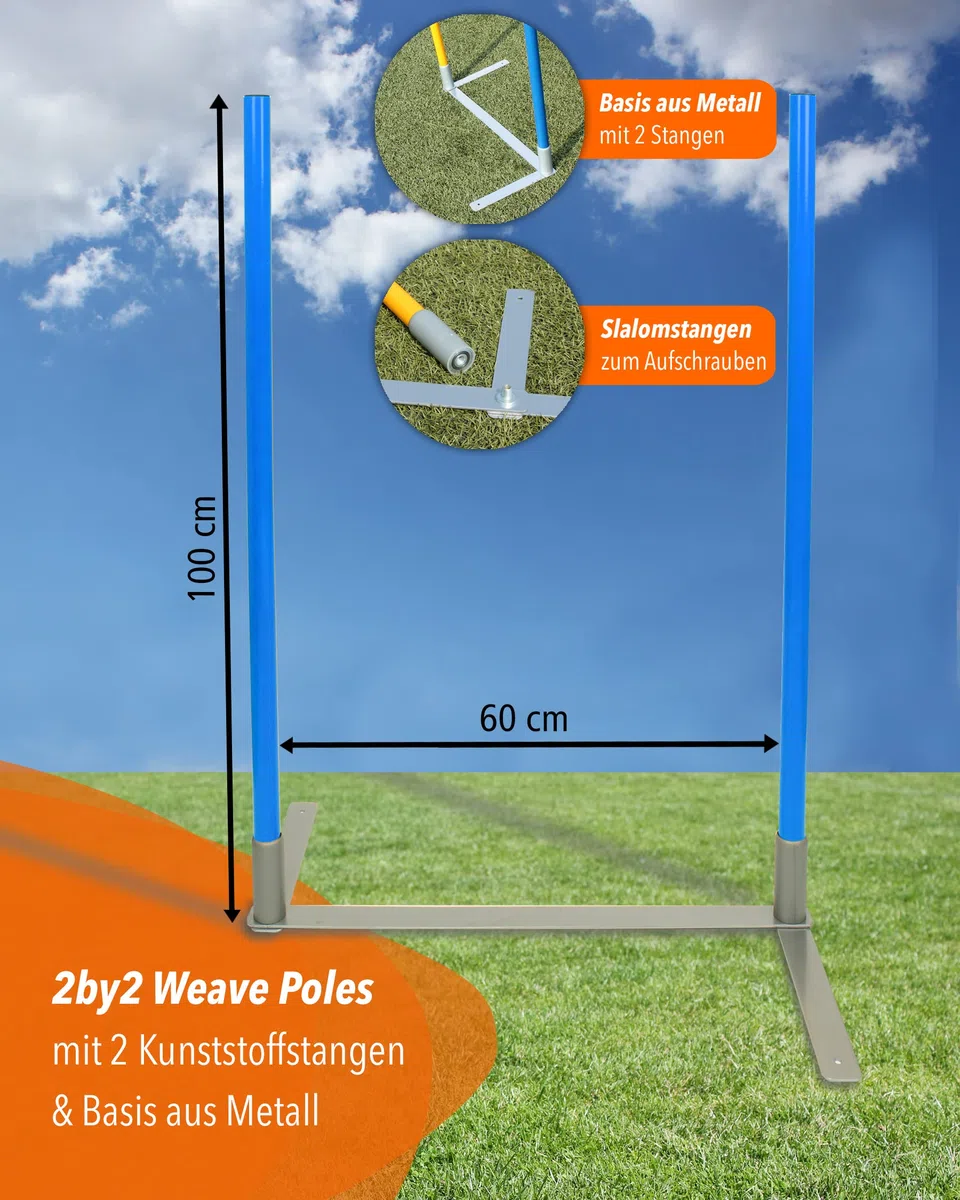 2by2 Weave Poles - Lot de 2 barres de slalom d'agilité avec base en métal - Pour l'entraînement et la construction de parcours - Extensible et mobile