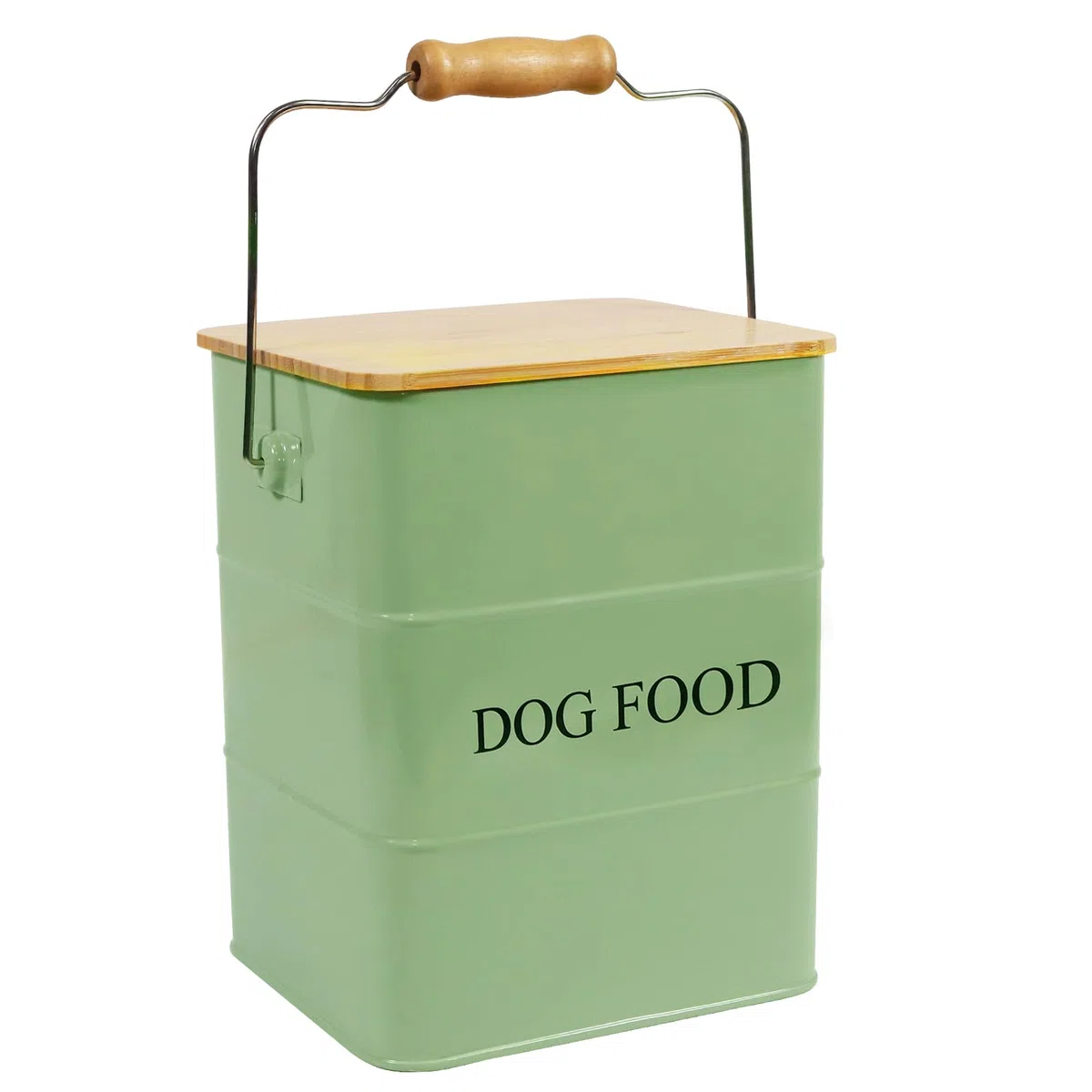 Boîte de rangement en métal pour chien - 6 l - Avec couvercle en bois, poignée et pelle - Boîte de conservation hermétique pour nourriture sèche et collations - Boîte à friandises - Vert armée
