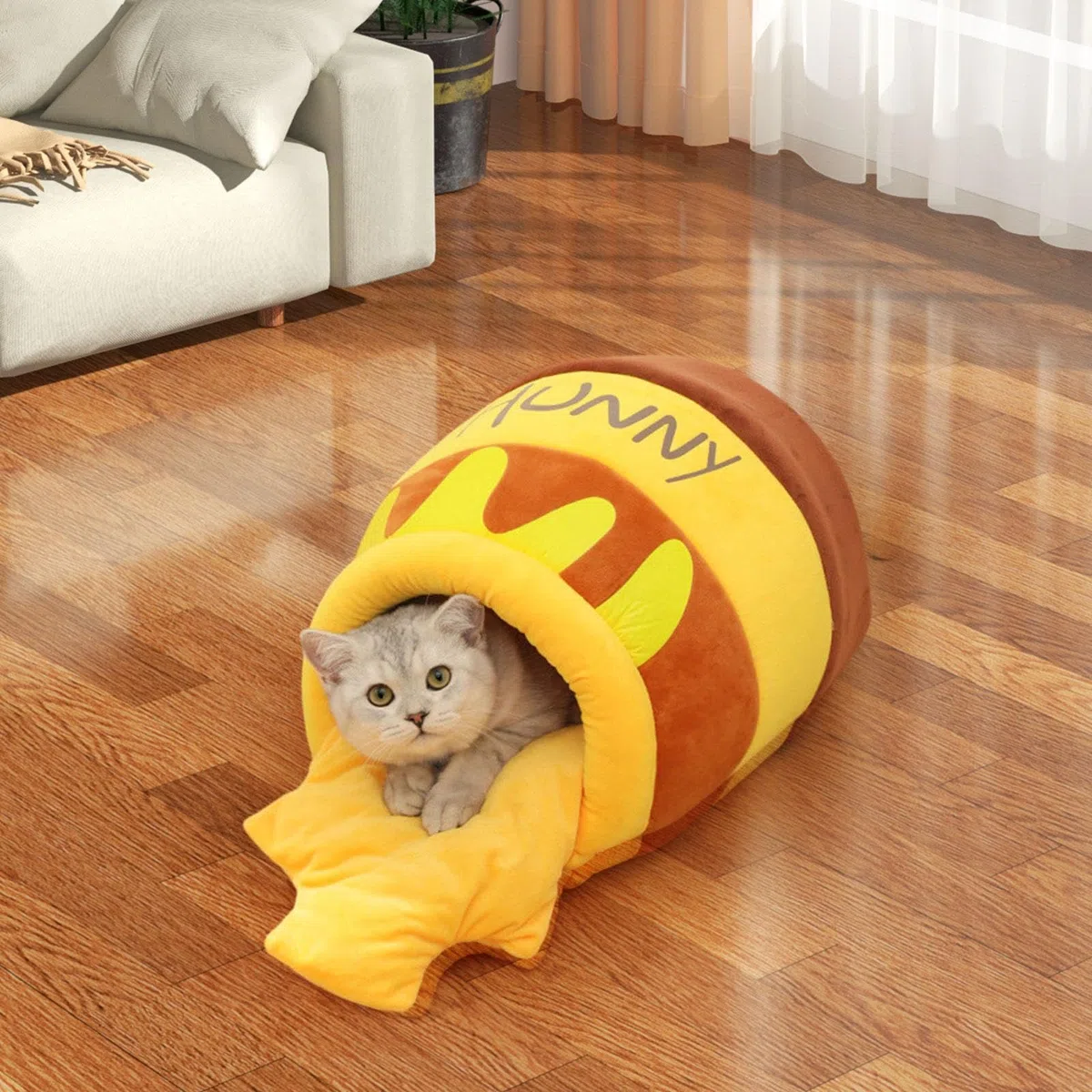 F Fityle Lit pour Chat en Forme de Pot de Miel, nid Chaud de Dessin animé, Coussin épais, Fond antidérapant, Niche Lavable Semi-fermée, Grotte, lit de Couchage