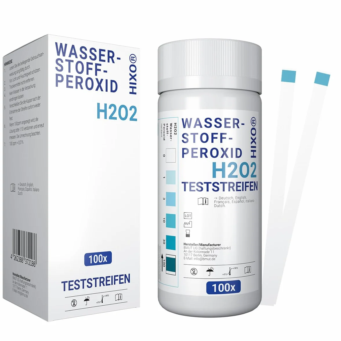 H2O2 Lot de 100 bandelettes de test au peroxyde d'hydrogène pour 0 à 100 ppm – Mesure de la concentration – Utilisation rapide et facile – Avec échelle de couleurs