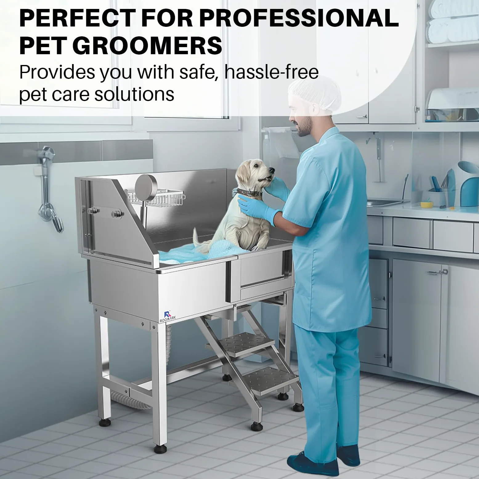 86cm Baignoire pour Animaux, Benoire Professionnelle en Acier Inoxydable, Baignoire avec Drain & Pomme de Douche, Charge Maximale 50 kg, pour Petits Chiens Chats (Porte Gauche)