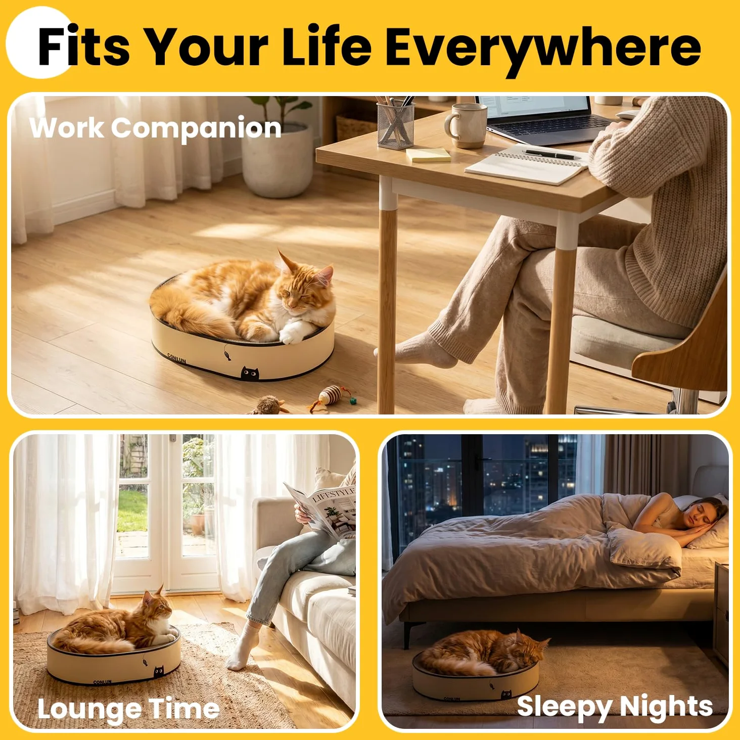 Conlun Griffoir Chat Carton Ovale & Lit 2-en-1 - Grattoir Incurvé Ergonomique pour Repos et Jeu - Carton Ondulé Haute Densité - Protection Canapé Design avec Herbe à Chat (43x33x10cm)