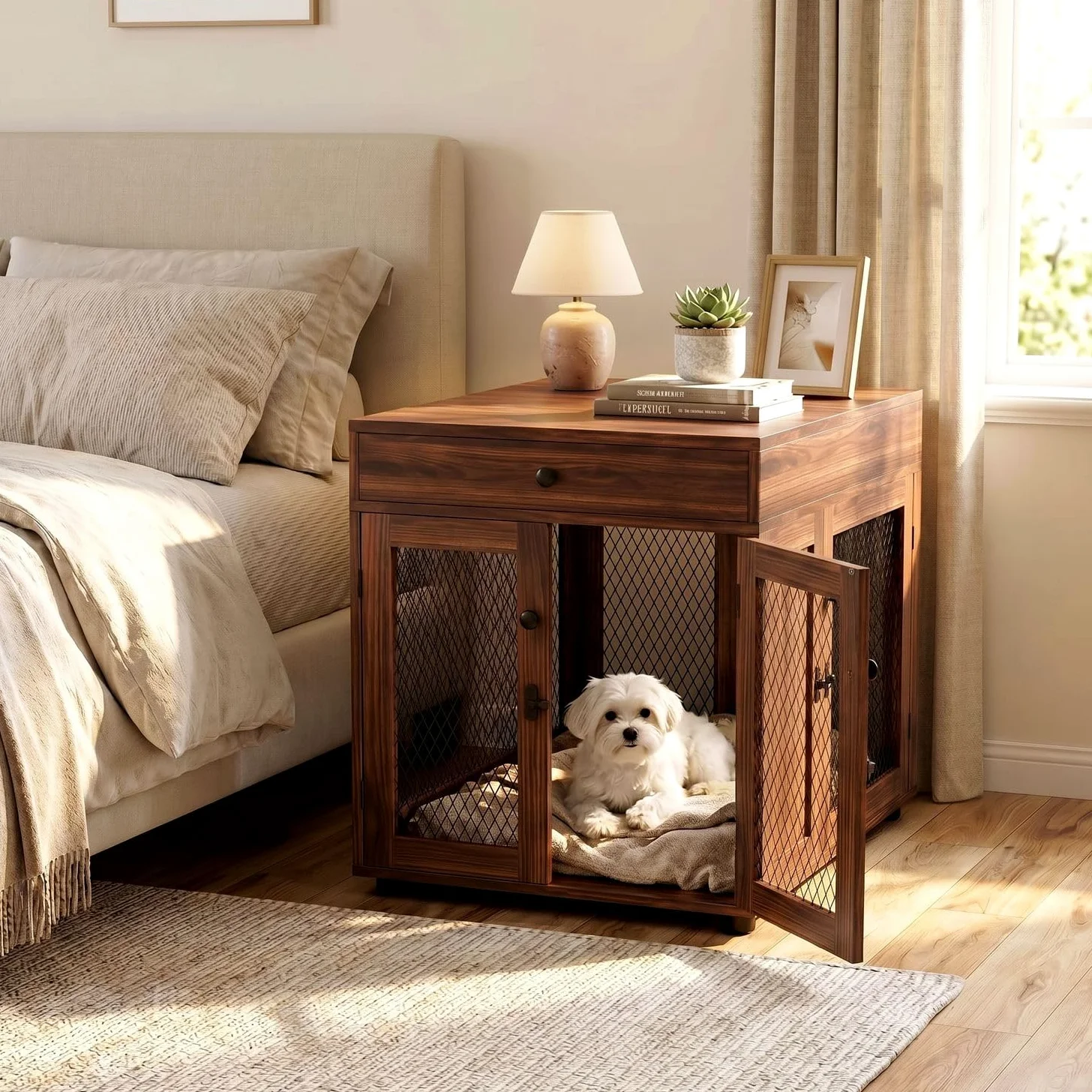 VOWNER Cage pour chien - Meuble d'intérieur - En bois - 3 portes - Avec tiroir - Niche moderne comme table d'appoint - 60 x 80 x 69 cm - Pour les chiens de petite/moyenne taille à la maison de moins