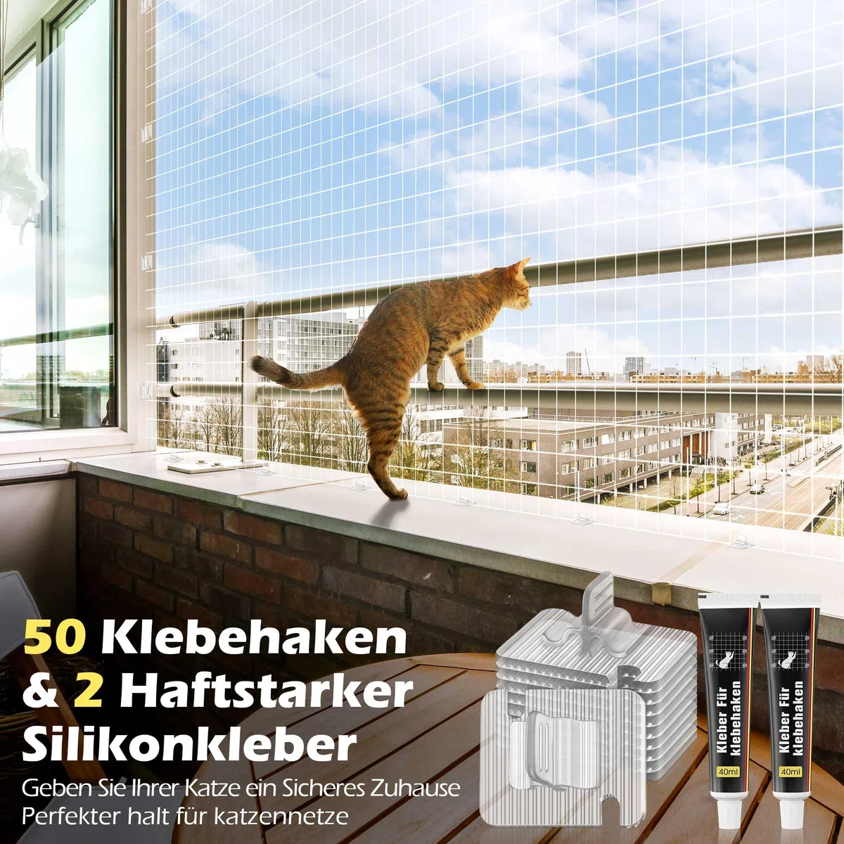 Enhon 50 Pièces Crochets Adhésifs pour Filet À Chat pour Balcon avec 2 Pièces 40 ML Adhésif De Montage Extra Fort, Pc Transparent, Résistant Aux UV, Fixation De Fenêtre Filet À Chat pour Balcon