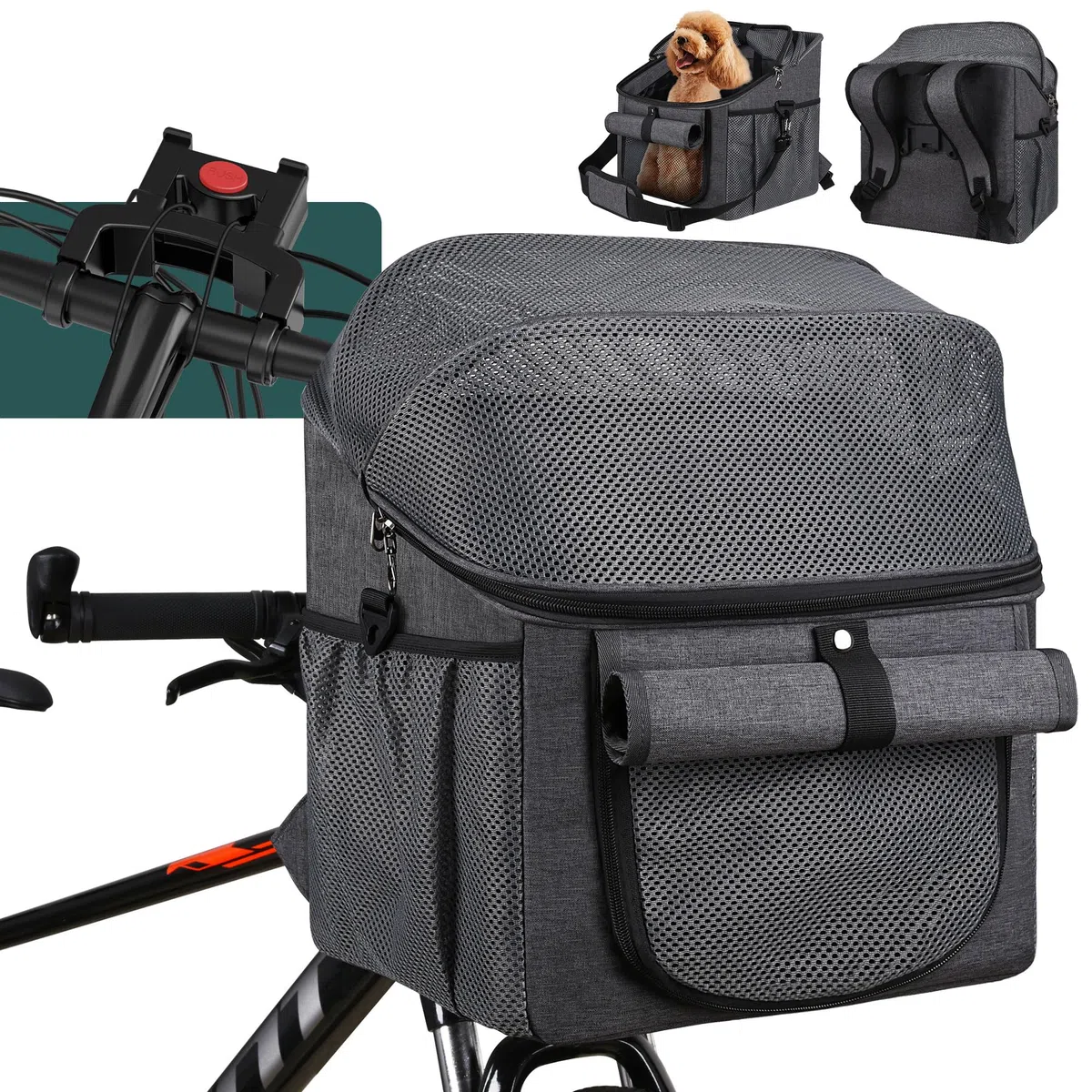 panier velo avant, 3 in 1 panier velo chien pliable, sac transport chat chien, sac de transport pour chien respirant, paniers vélo pour chiens avec adaptateur de guidon pour vélos et vélos électriques