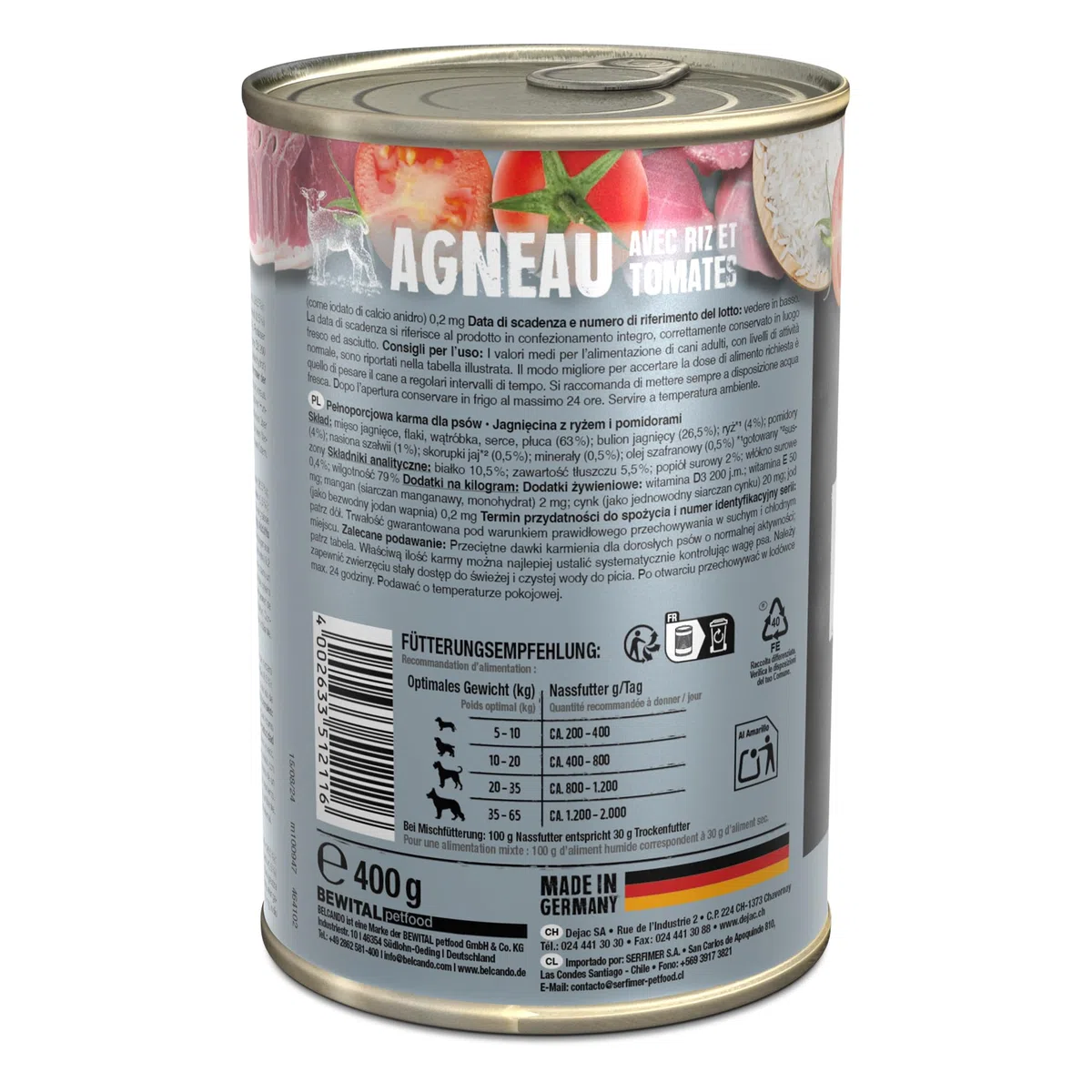Belcando Super Premium Boîte 6 x 400 g Agneau avec Riz et tomates | Nourriture Humide pour Chiens | Aliment Humide pour Chiens de Toutes Races