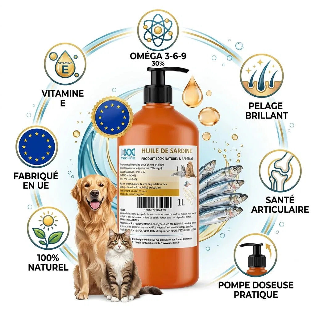 1L Huile de Sardine 100% Naturelle pour Chiens, Chats et Chevaux, Très Riche en Oméga 3-6-9 et Vitamines E | Fabriqué en UE