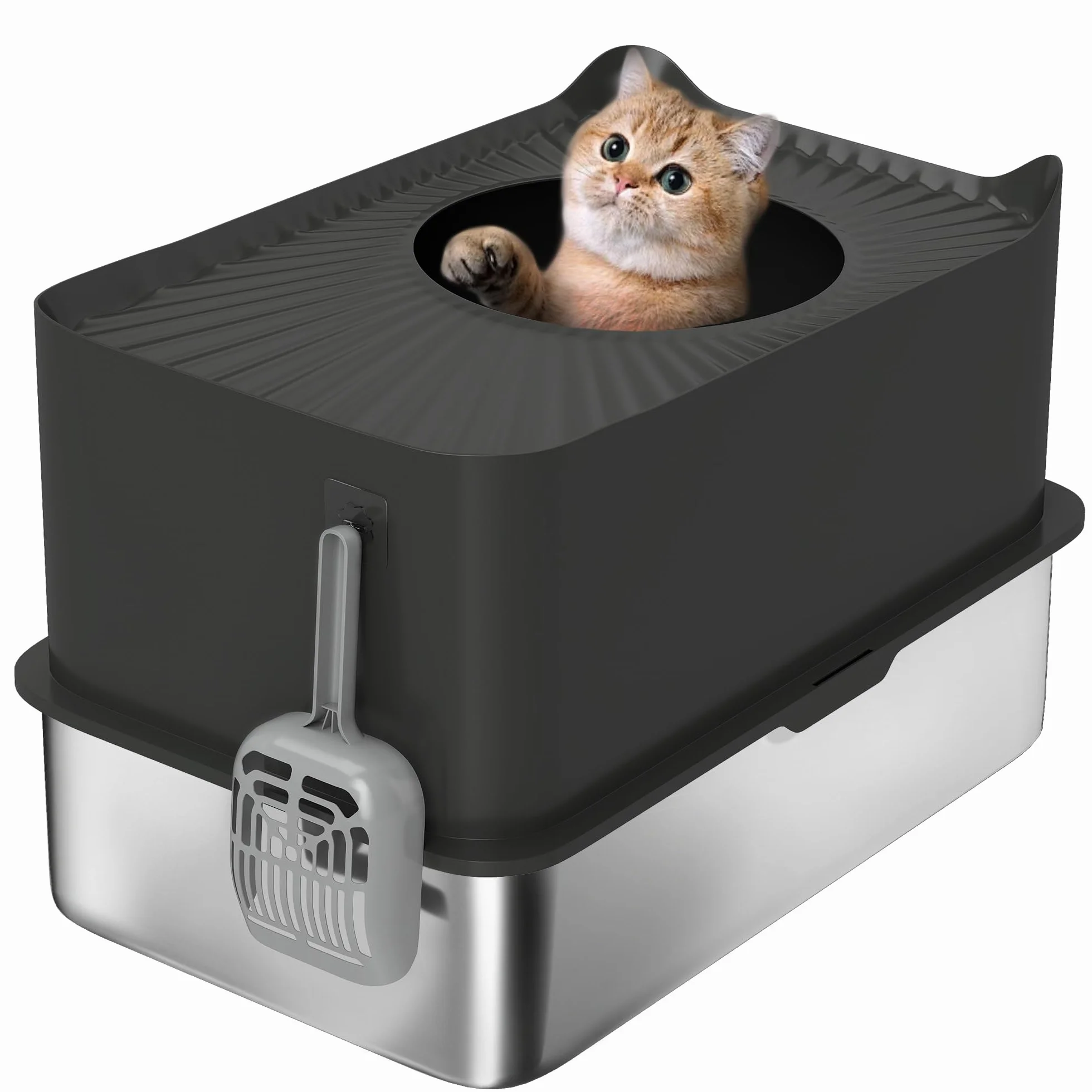 PawHut Bac à litière pour Chat XXL en Acier Inoxydable, 65L Grande capacité, Maison de Toilette pour Chat, avec Pelle et Patins antidérapants, Facile à Nettoyer, 60 x 40 x 38 cm, Noir