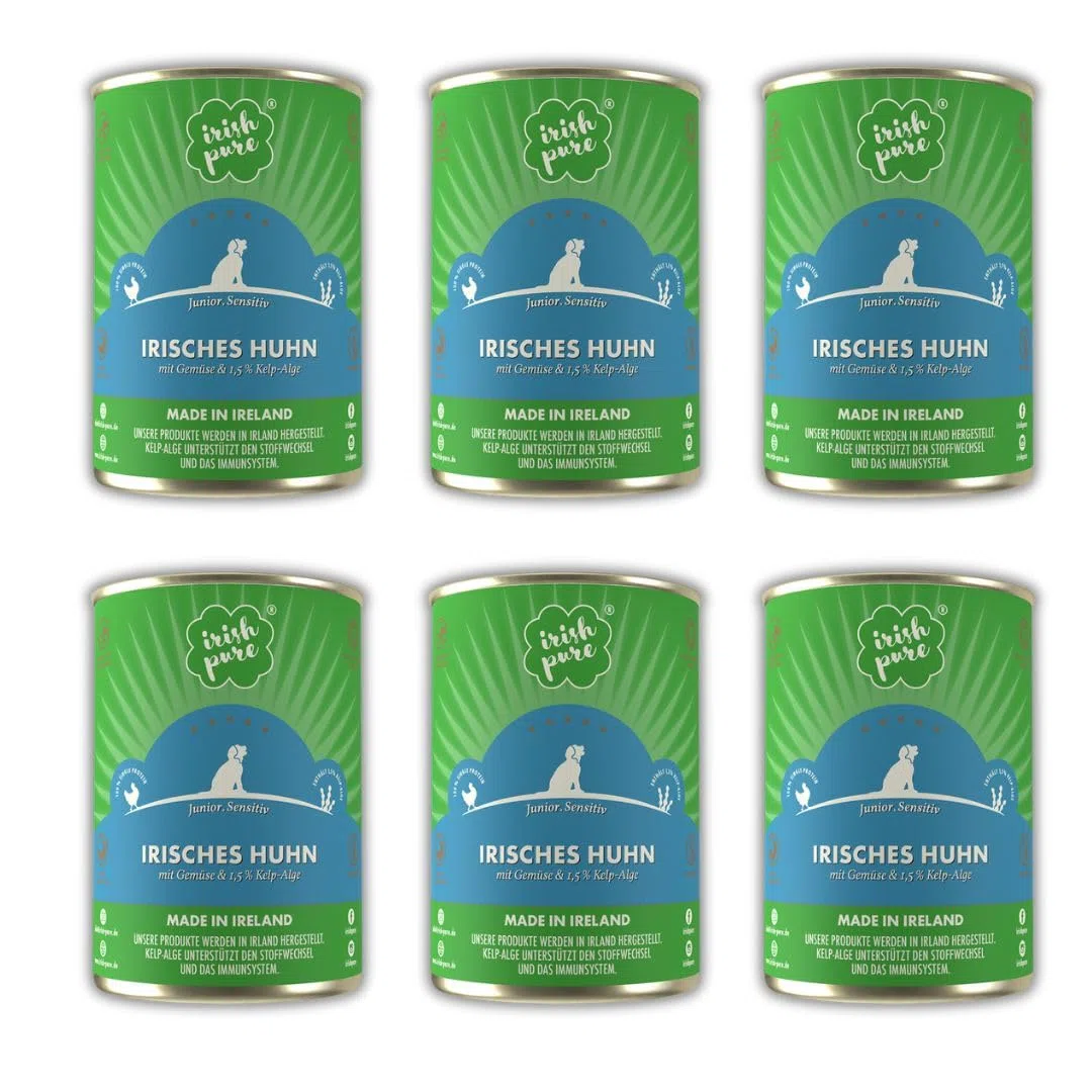 Irish Pure Premium Junior Nourriture Humide pour Chiens | 6 x 390 g | Poulet Irlandais | Vitamines | sans céréales | Sensitive | avec Superfood Kelp Algue | Nourriture Humide pour Toutes Les Races