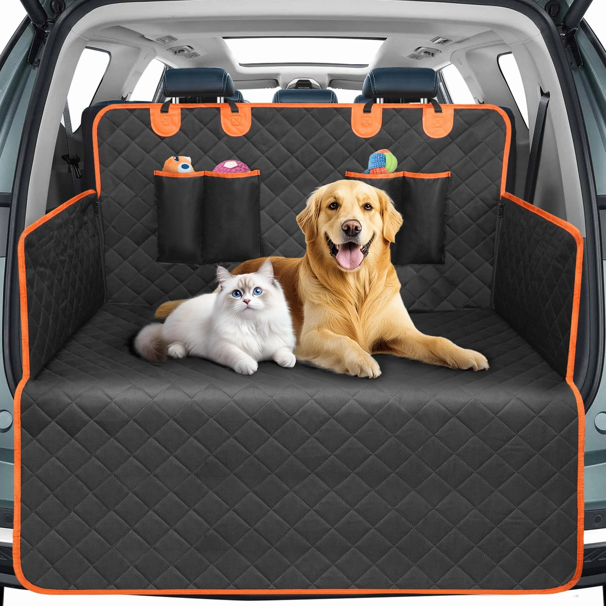 Protection Coffre Voiture Chien - Tapis de Coffre Voiture avec Protection Latérale et Pare-Chocs Arrière,Imperméable & Anti-Rayures & Entretien Facile,Housse Siege avec 2 Grandes Poches