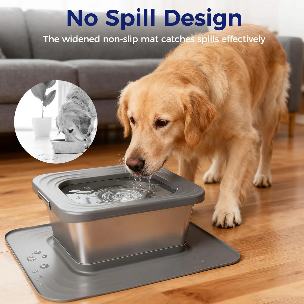 Gamelle d'eau pour Chien sans Déversement 10L, Gamelle en Acier Inoxydable Anti-Éclaboussure, Distributeur d'alimentation d'eau Lente avec Tapis Silicone pour Buveurs Désordonnés (Gris)