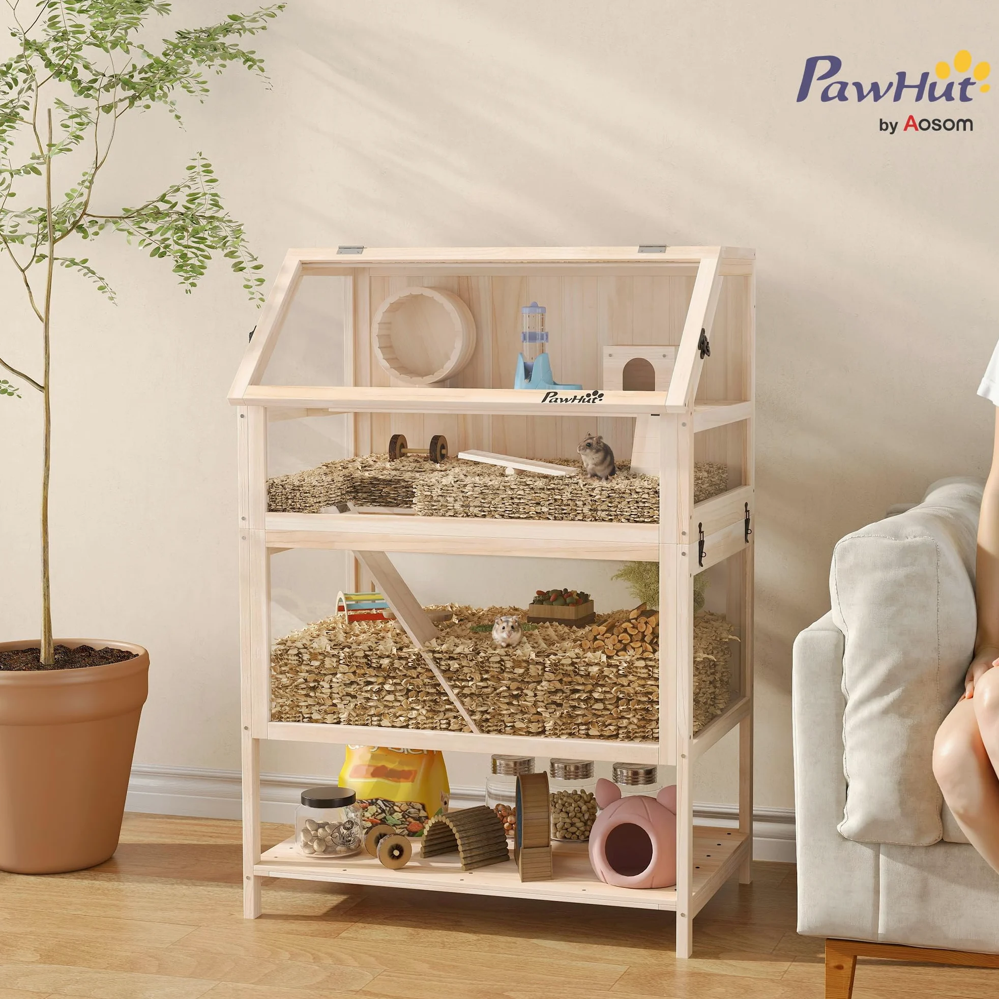 PawHut Cage pour Hamster en Bois XXL - Habitat pour Rongeur 3 étages avec Panneau Acrylique et Roue - Maison Petit Animal de Luxe avec Accessoires et étagère de Rangement, 80x53x117cm, Effet Bois
