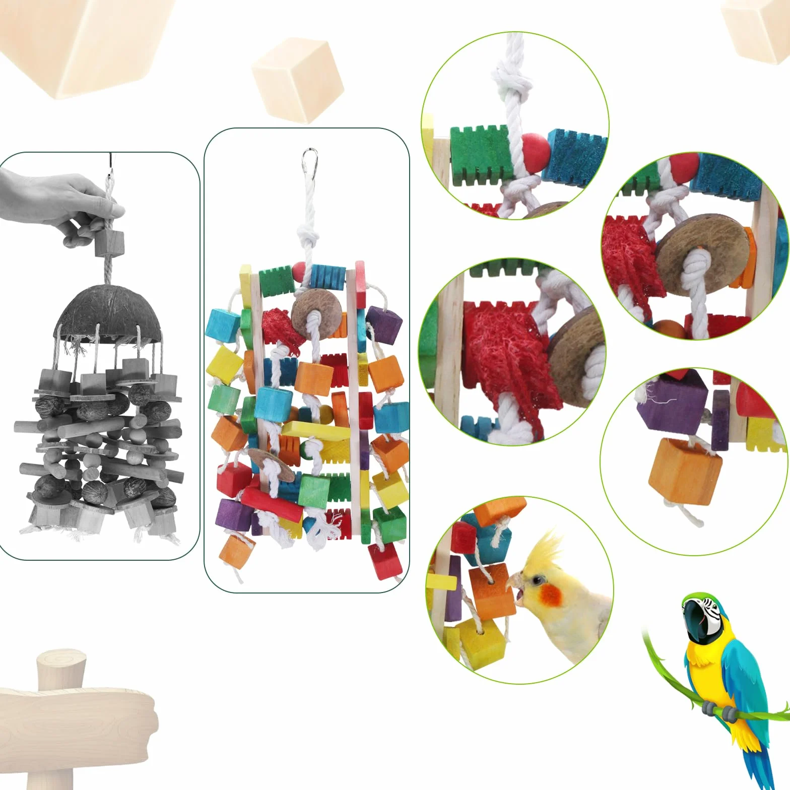 MQUPIN Grands jouets pour perroquet, blocs en bois colorés de différentes formes, 55,9 cm, jouets pour perroquets gris africains, amazons, cacatoès et aras