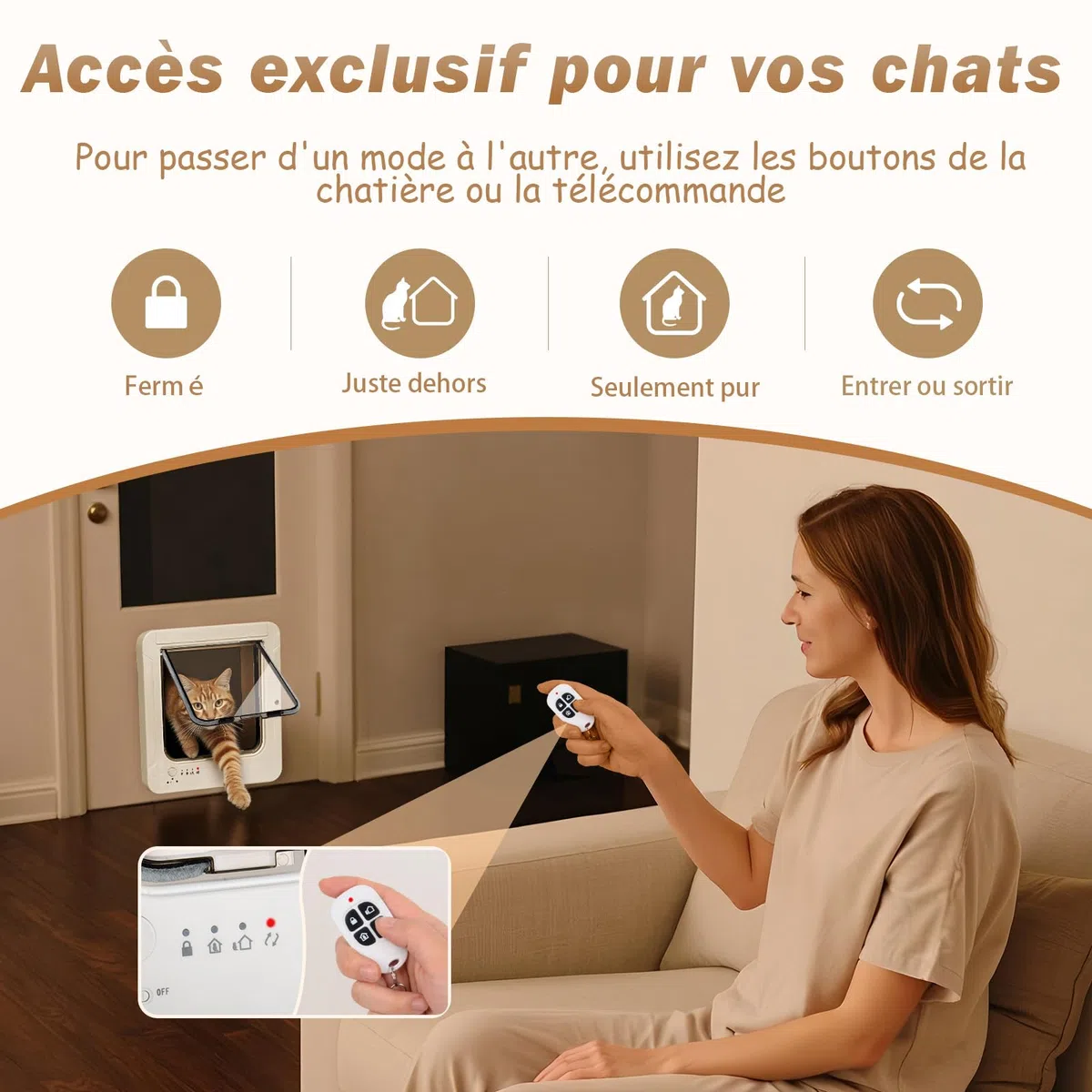 Chatiere pour Chat Puce Electronique, Accès Sélectif pour Votre Chat, Empêche Les Étrangers d'Entrer, Installation Facile, avec 3 Clés de Détection de Collier & 1 Télécommande